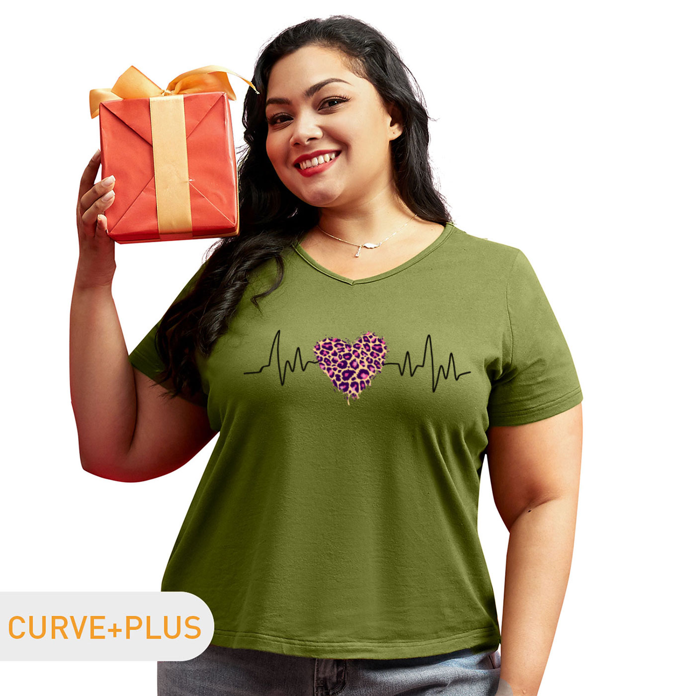 

Women Plus Size Graphics Heart-shaped and Leopard Print V Neck Short-sleeve Tee