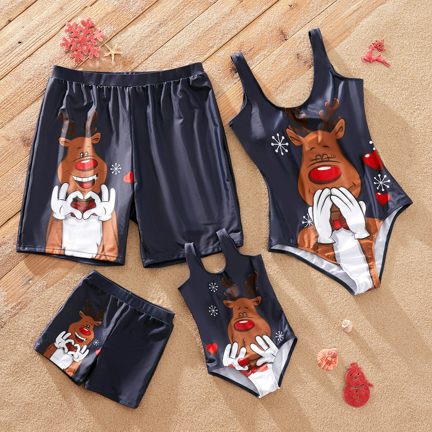 

Christmas Cartoon Reindeer Print Blue Family Matching Sleeveless Bodysuits and Shorts Swimwear Sets