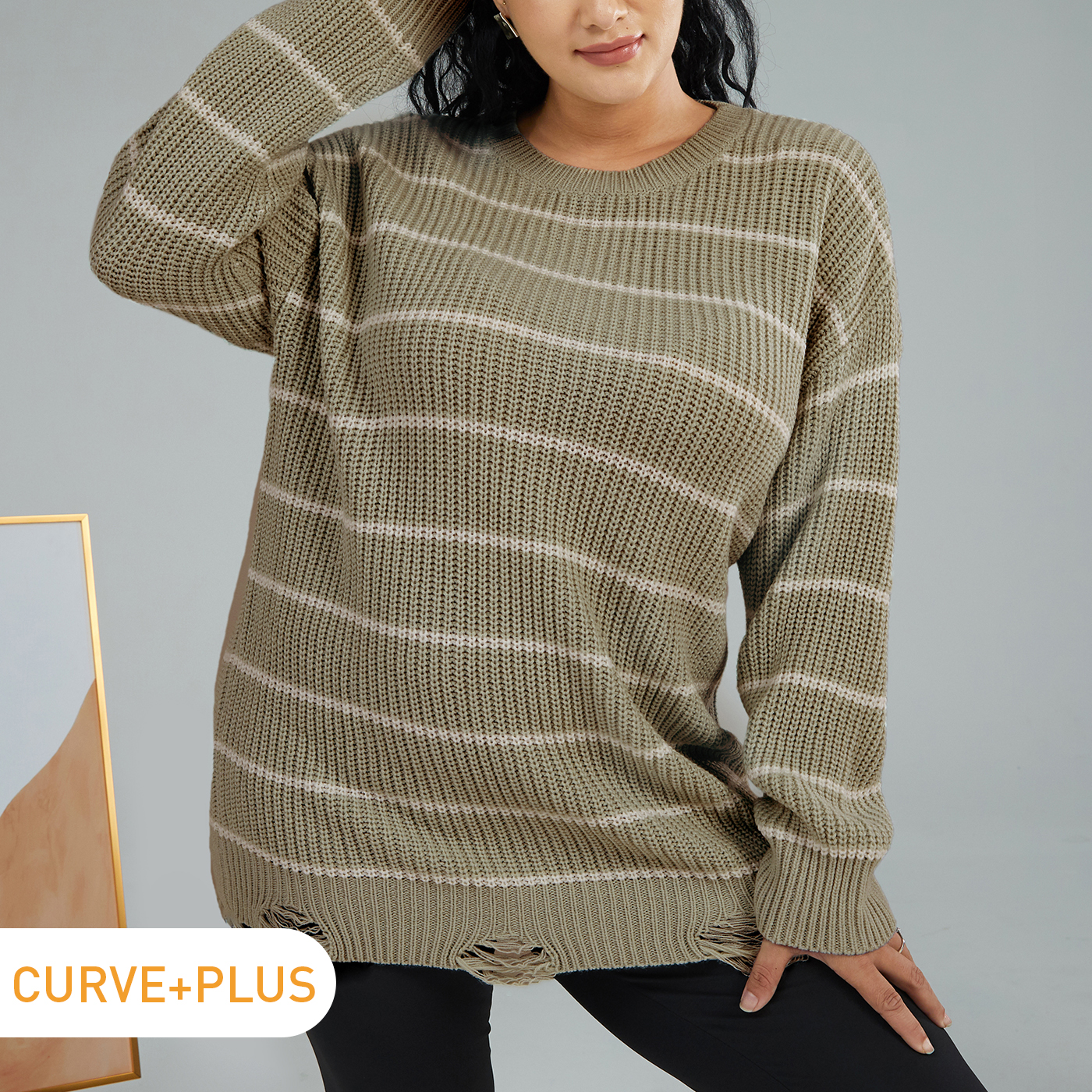 

Women Plus Size Casual Stripe Ripped Hem Sweater
