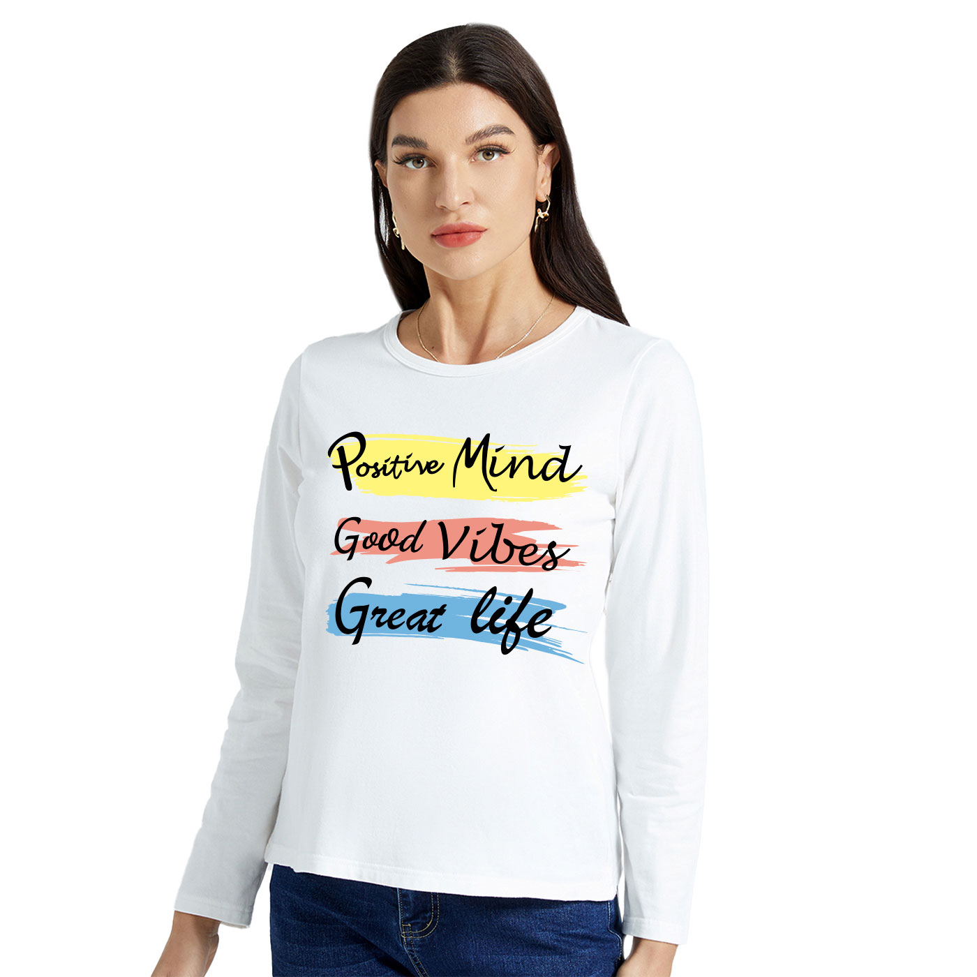 

Graphic White Long-sleeve Round-collar Tee for Women