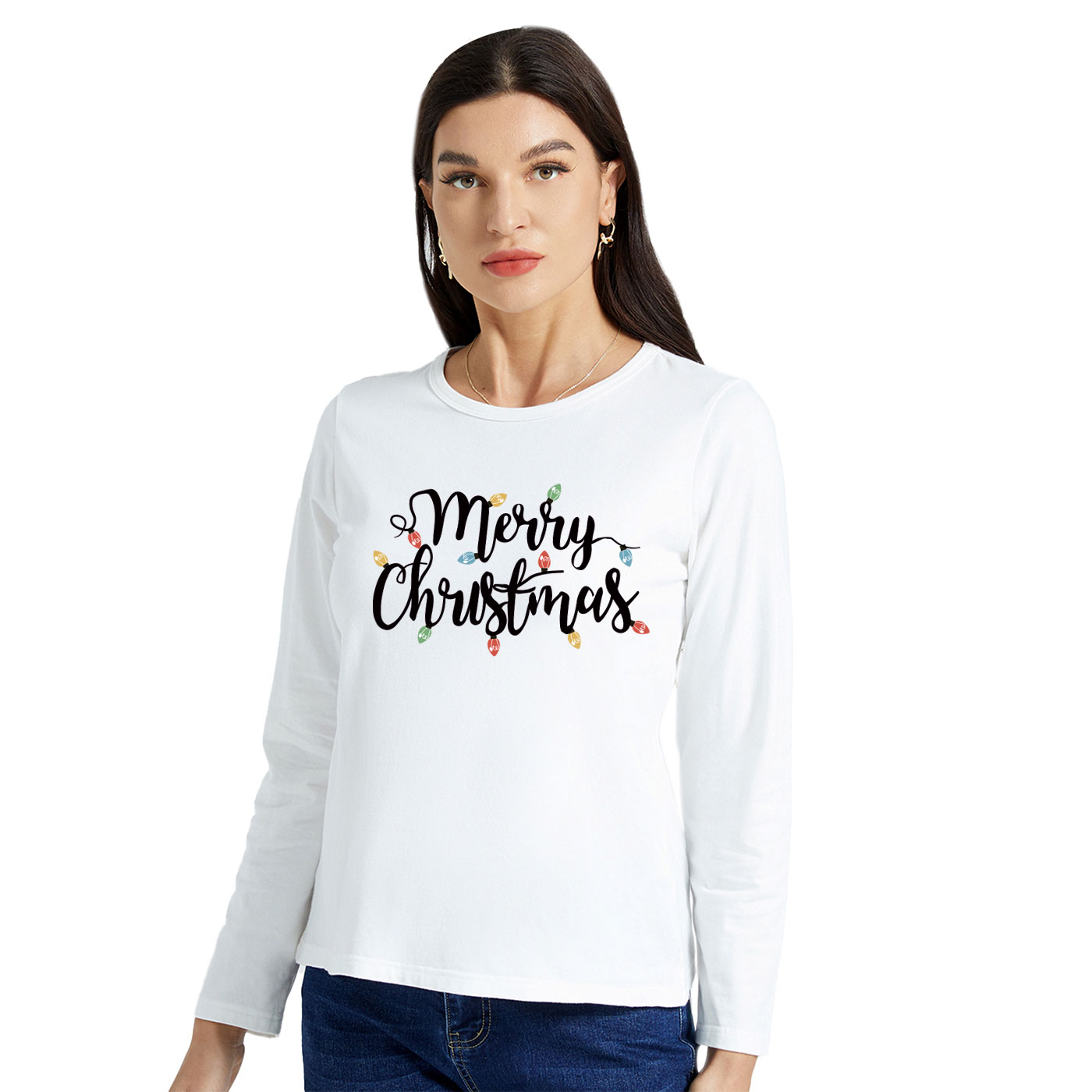 

Christmas Women Graphic Letter Print Round-collar Long-sleeve Tee