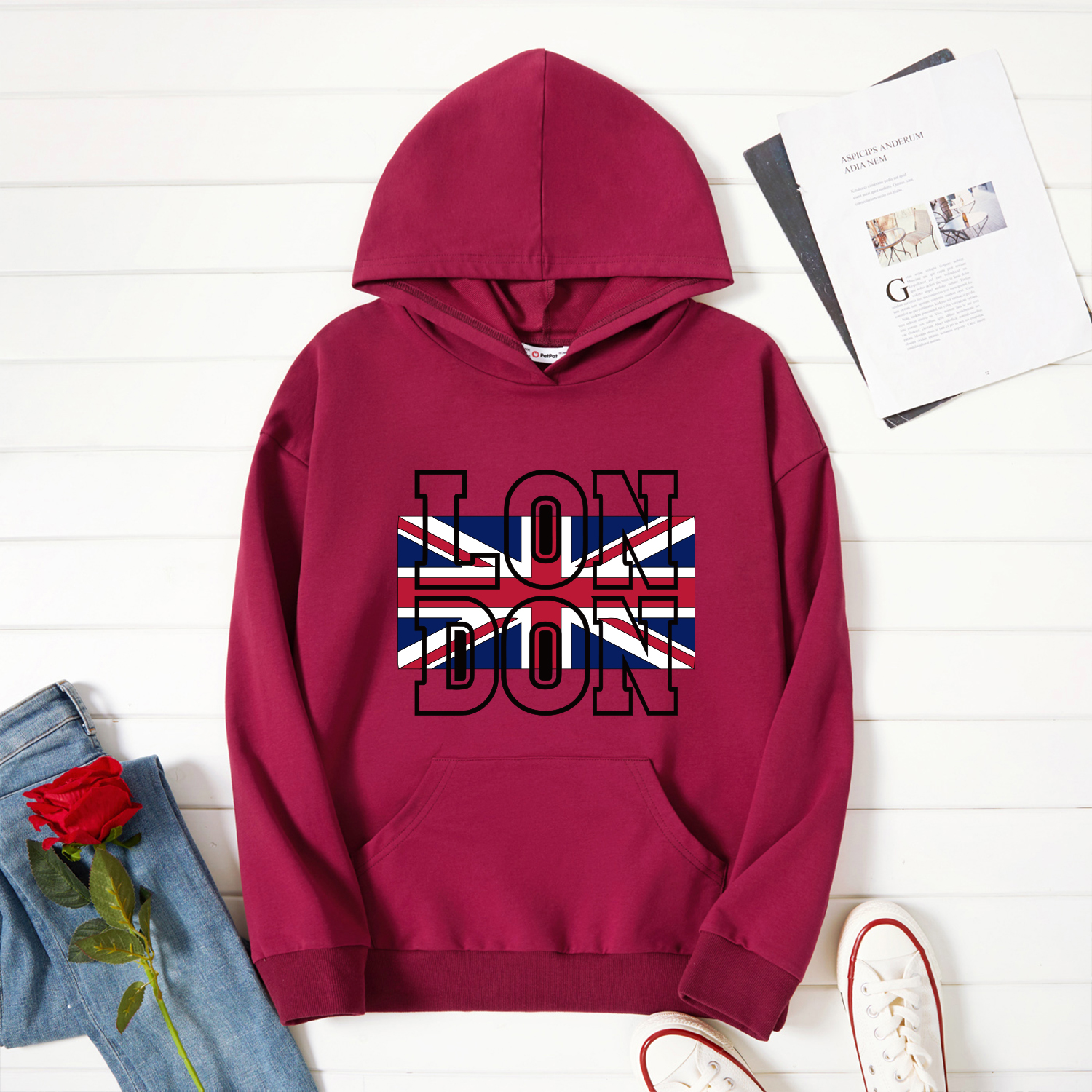 

Graphic Burgundy Long-sleeve Hooded Pullover For Women