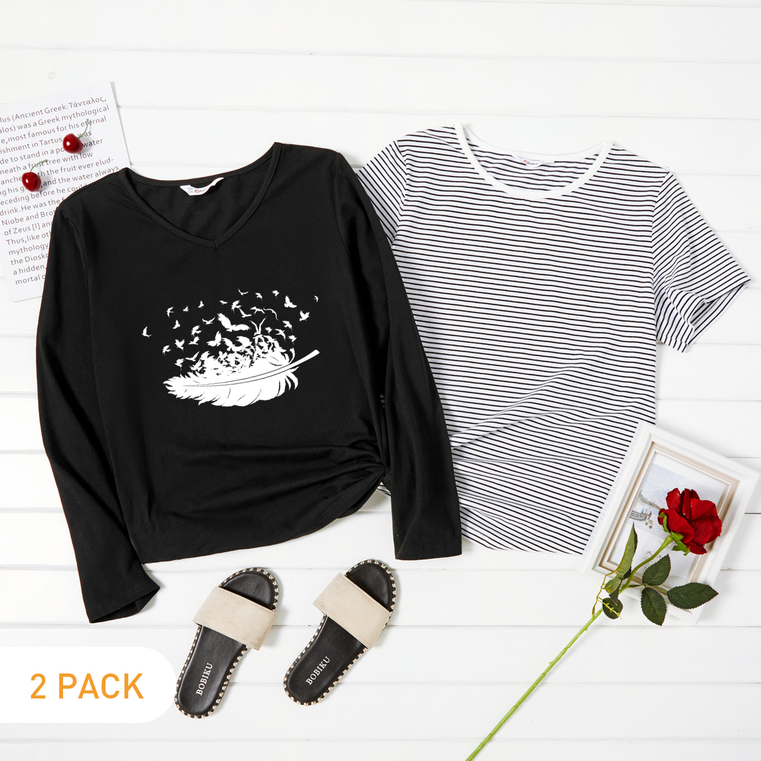 

2-Pack Graphic & Striped Tee Set For women