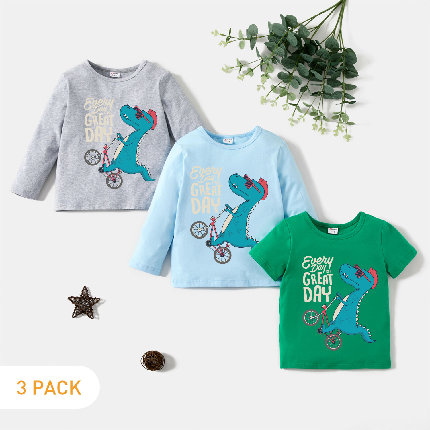 

3-Pack Toddler Boy Graphics Dinosaur and Letter Print Tee Set
