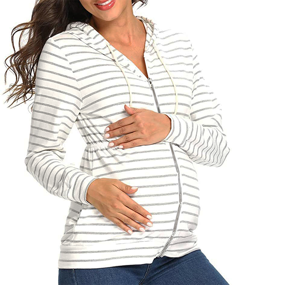 

Maternity Stripes Print Zip Up Hooded Coat