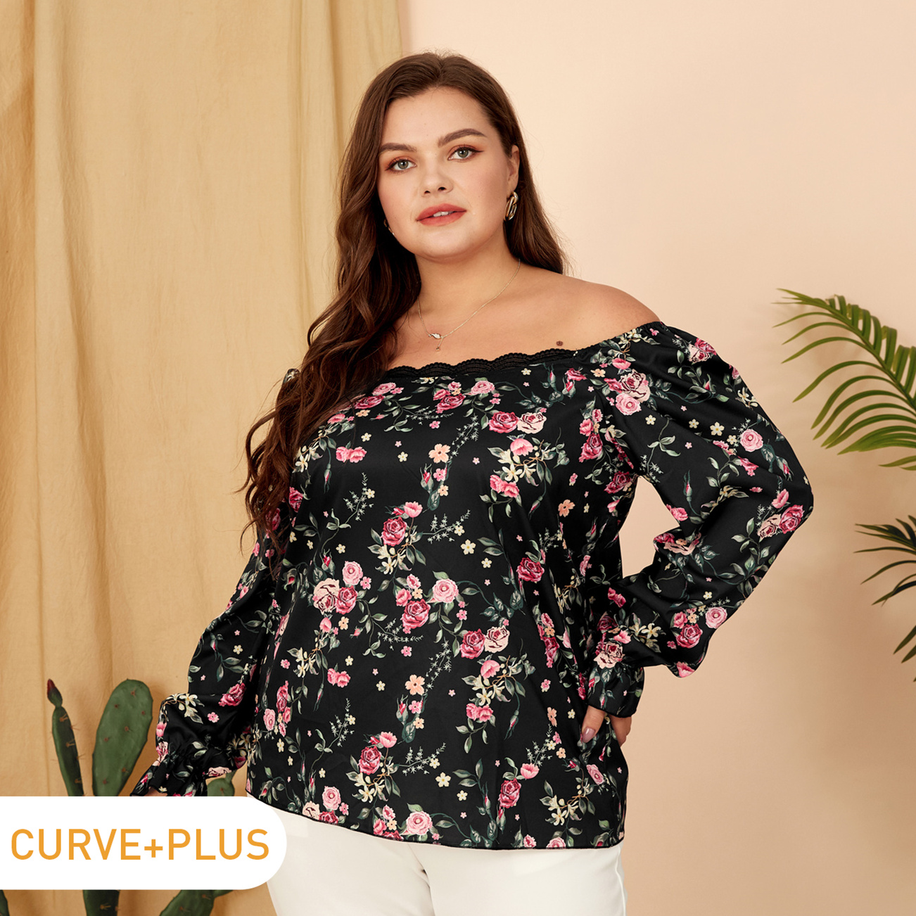 

Women Plus Size Elegant Floral Print Off Shoulder Long-sleeve Blouse