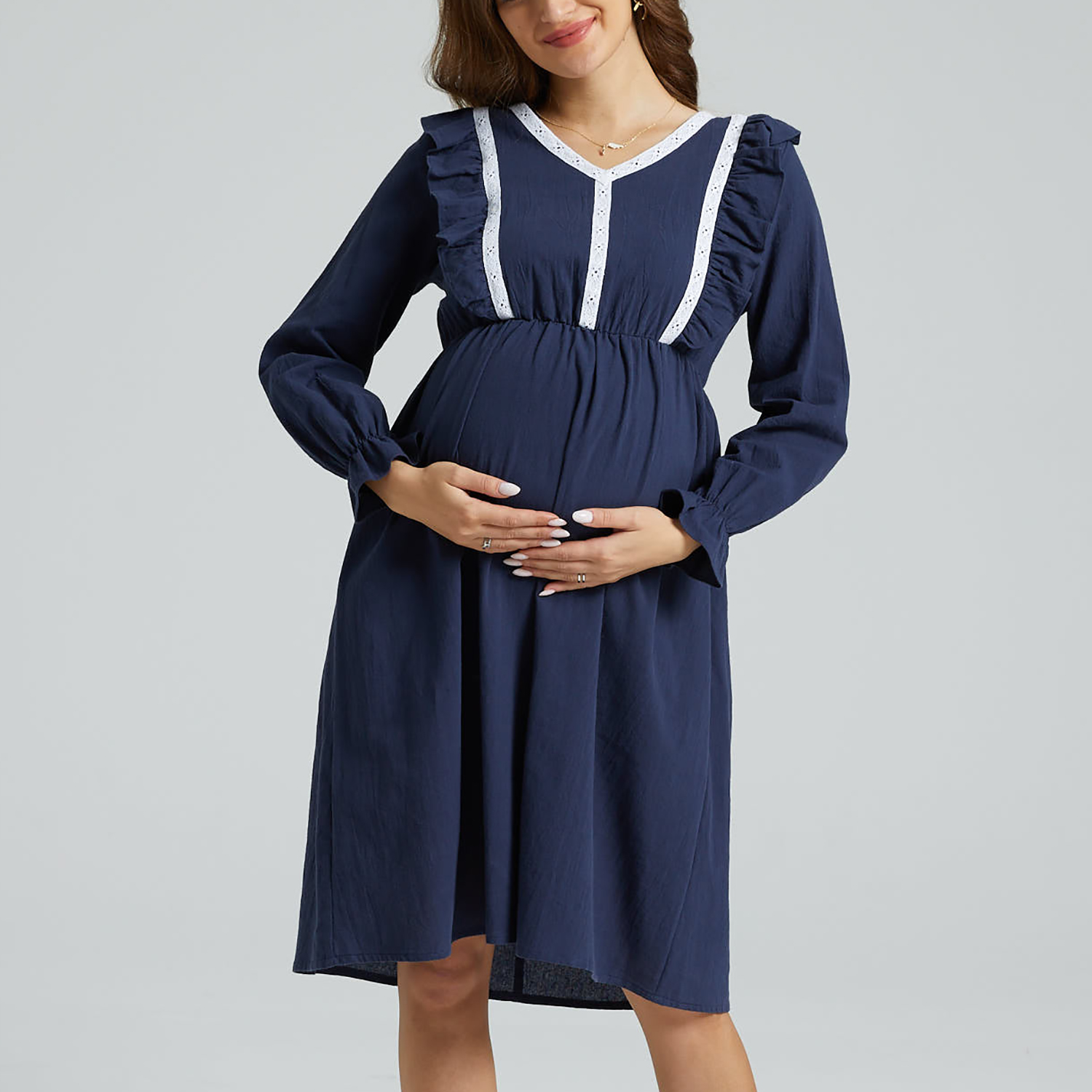 

Nursing Ruffle V Neck Long-sleeve Dark Blue Dress