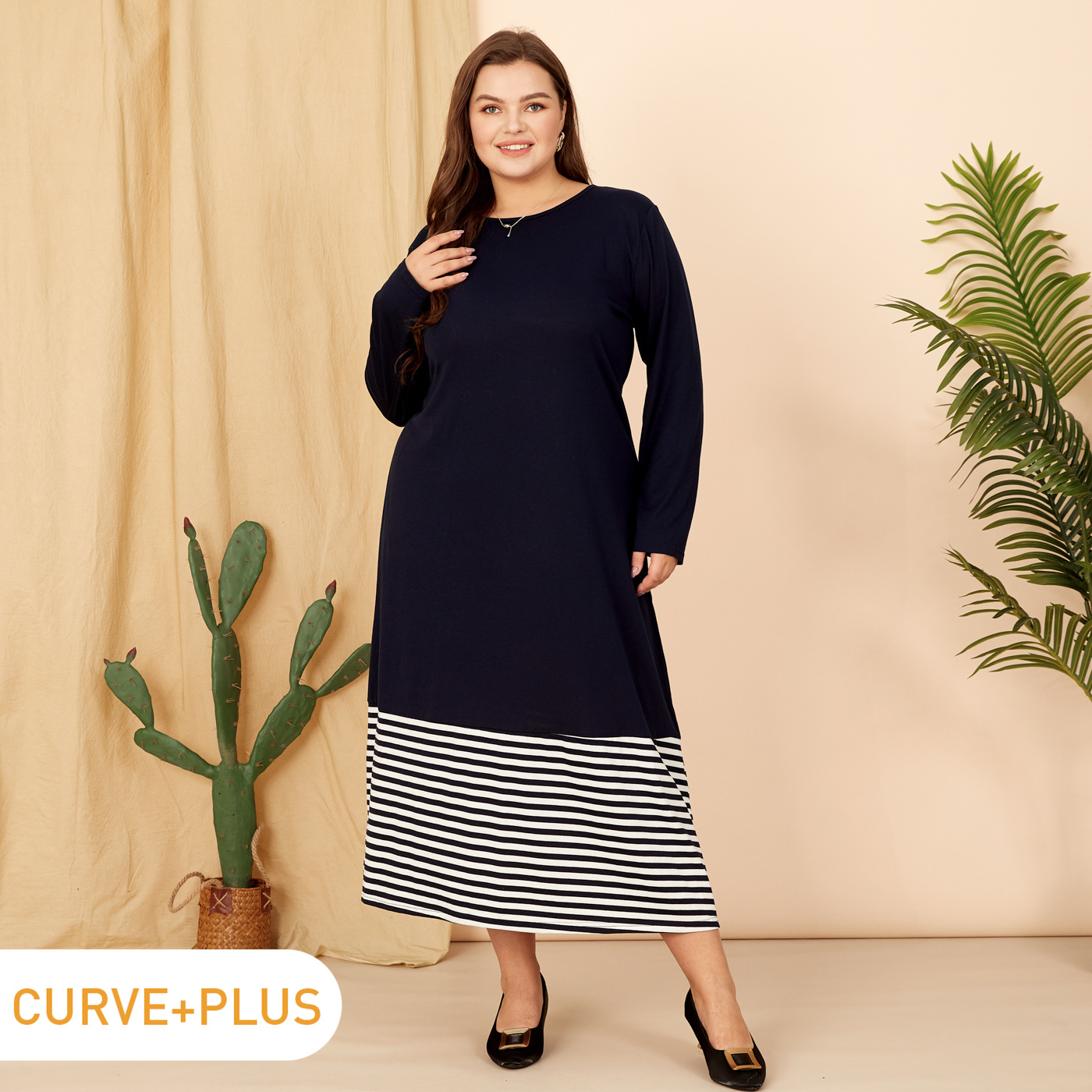 

Women Plus Size Casual Stripe Colorblock Long-sleeve Tee Dress