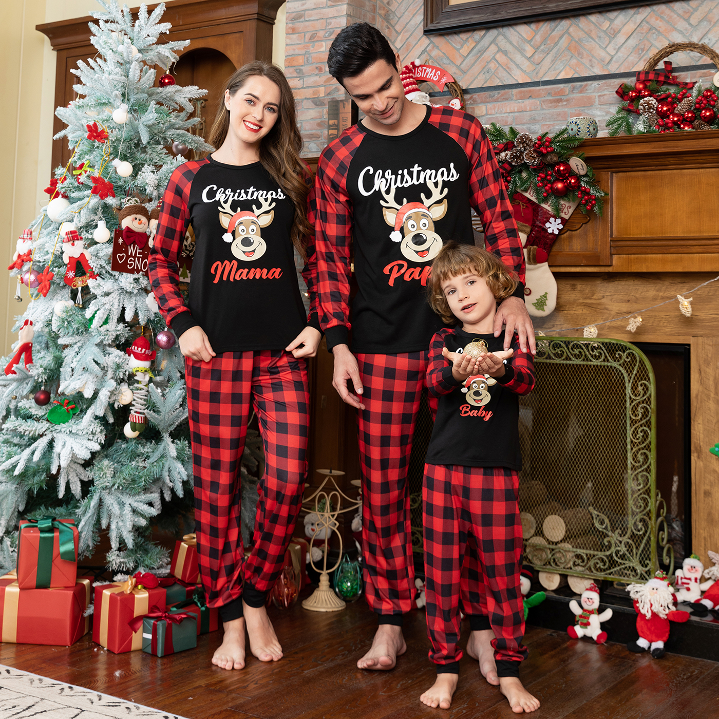 

Family Matching Christmas Deer and Red Plaid Print Long-sleeve Pajamas Sets (Flame Resistant)