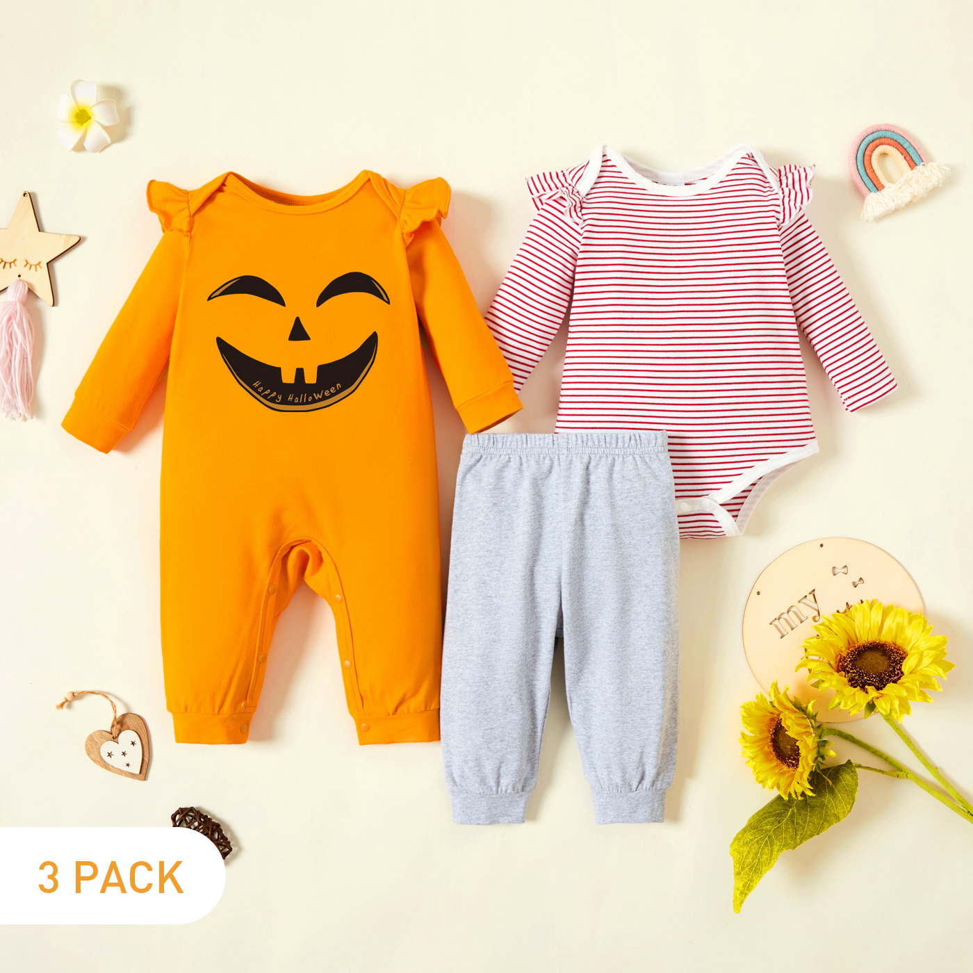

3-Pack Baby Graphic & Striped Ruffled Romper Jumpsuit Pants Set
