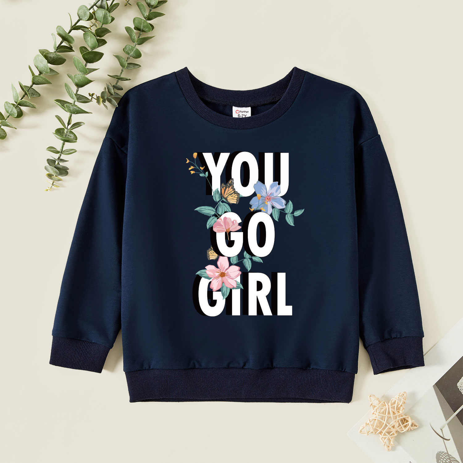 

Kid Girl Graphic Butterfly and Floral and Letter Print Long-sleeve Pullover