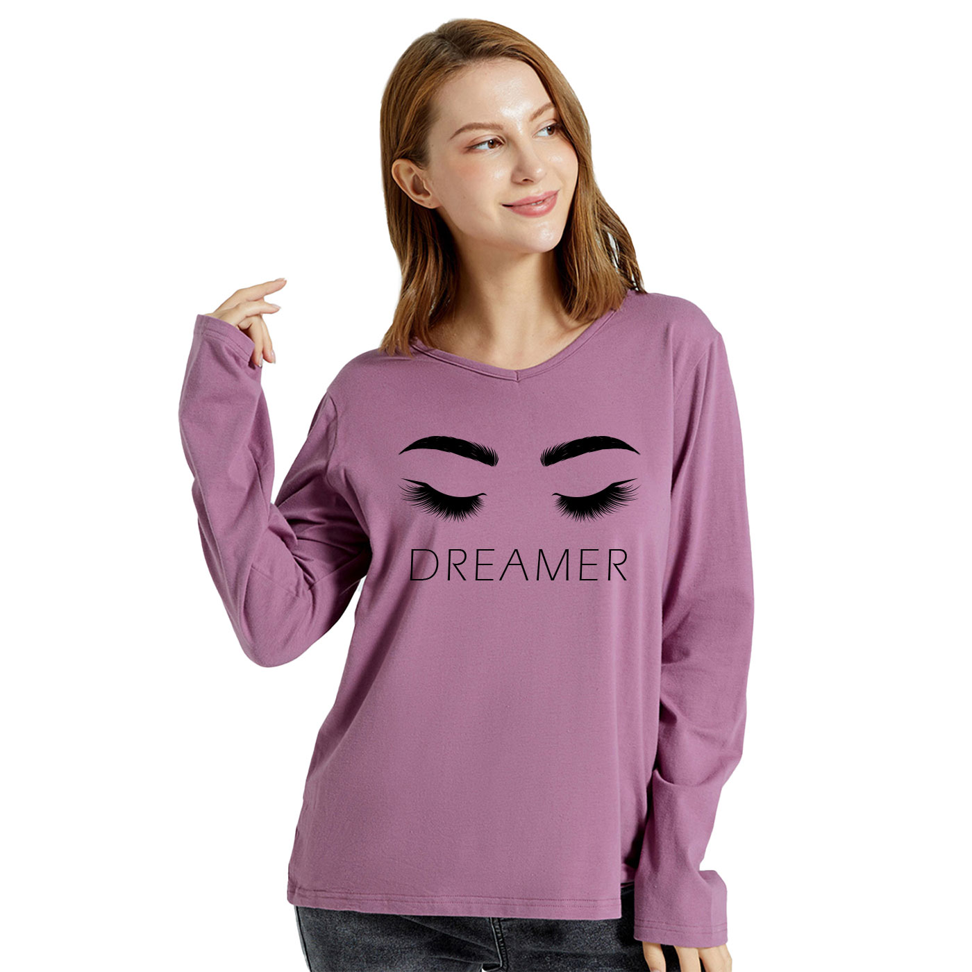 

Graphic Lavender Purple Long-sleeve V Neck Tee for Women