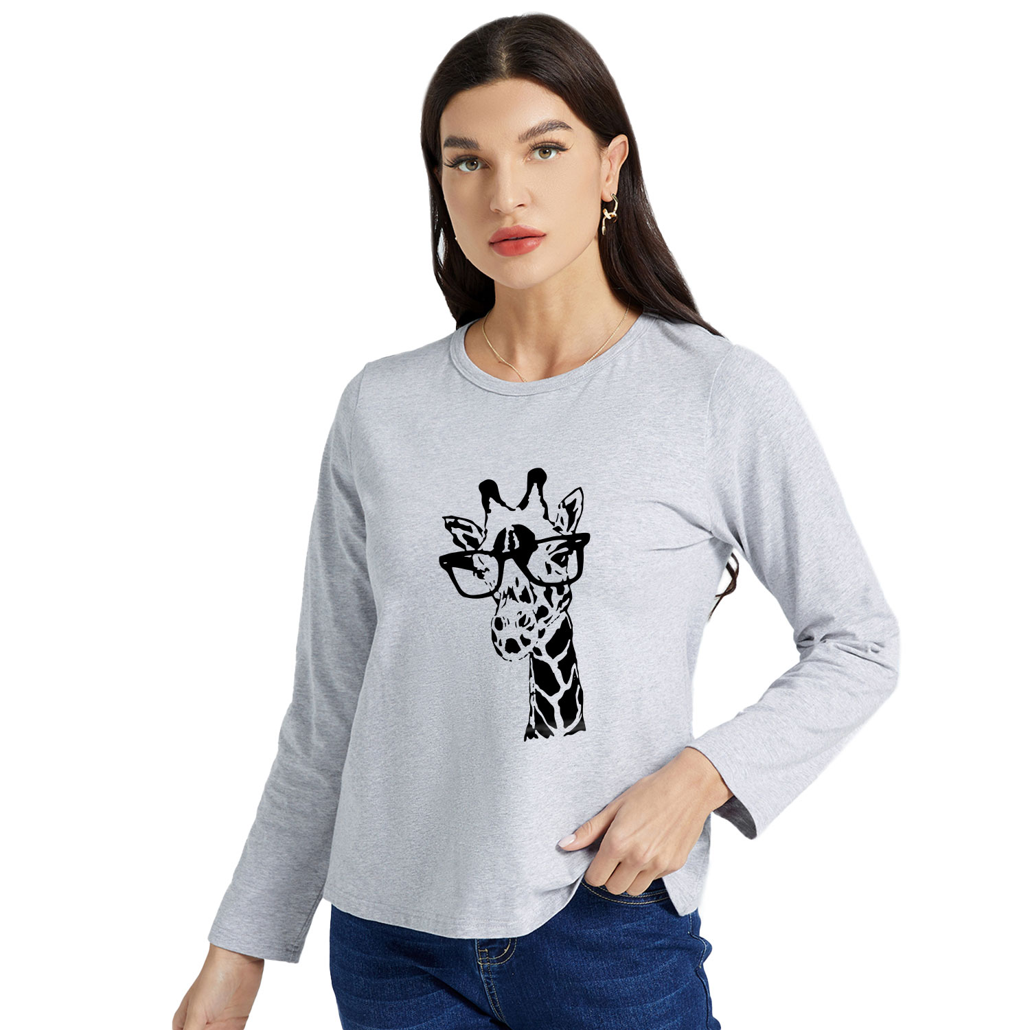 

Graphic Light gray Long-sleeve Round-collar Tee for Women