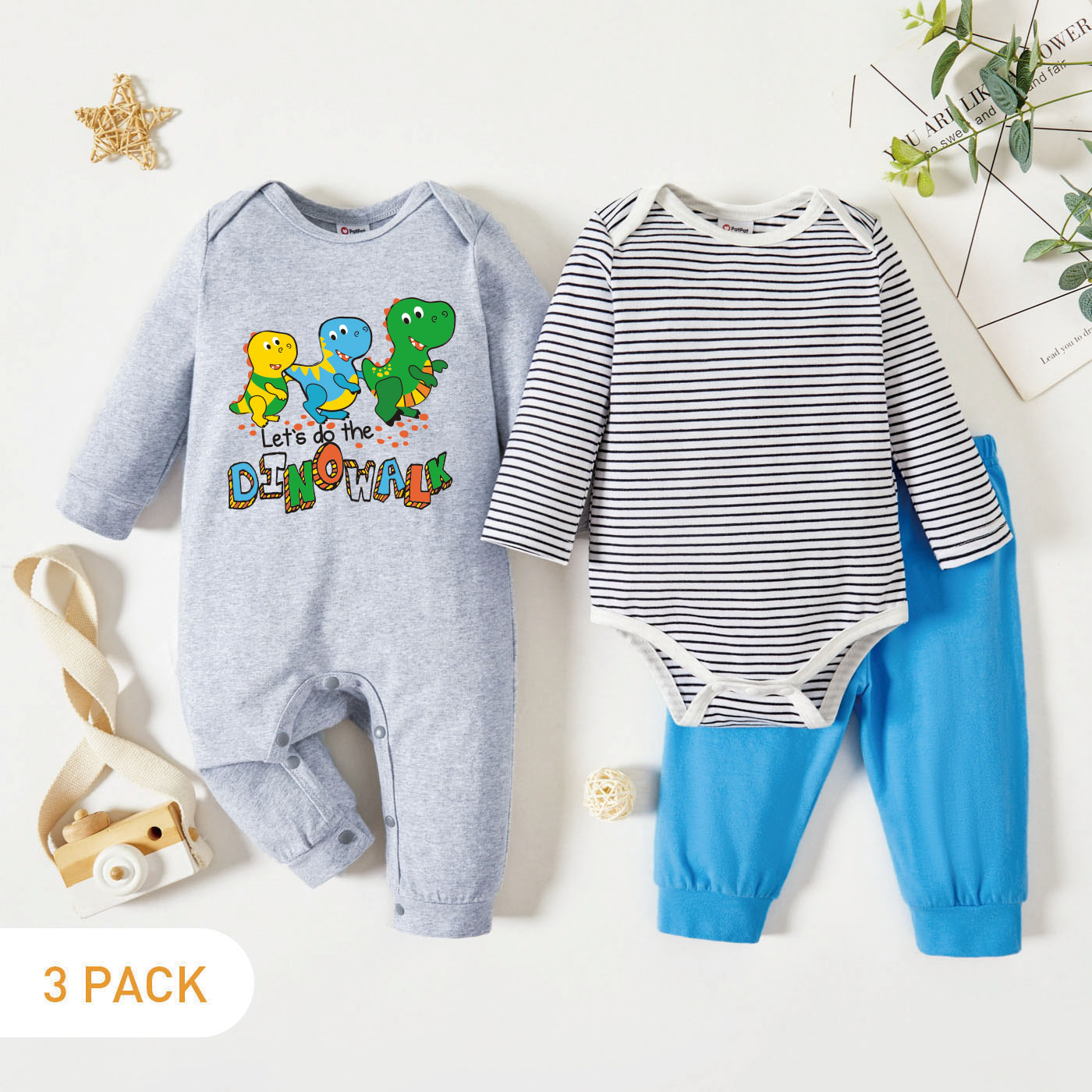 

3-Pack Baby Boy Graphic Dinosaur and Letter Print Striped Romper Jumpsuit Pants Set