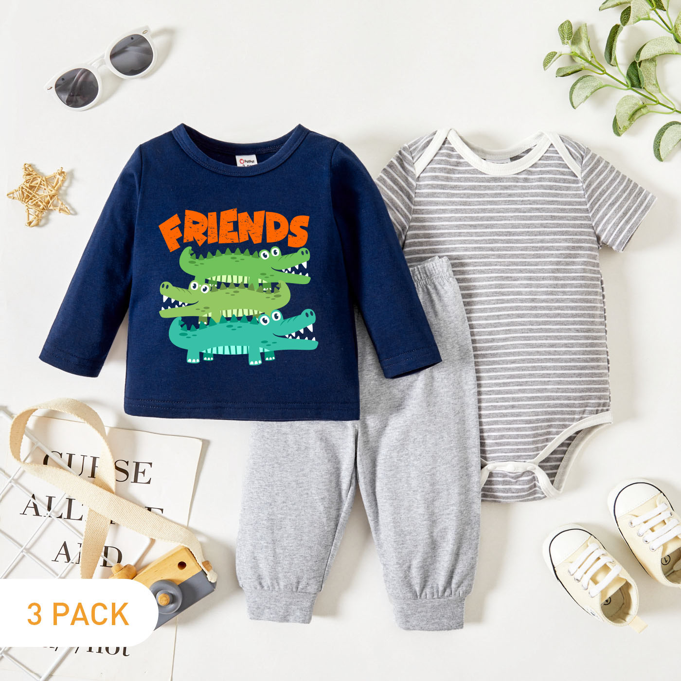 

3-Pack Baby Graphic & Striped Romper Tee Pants Set