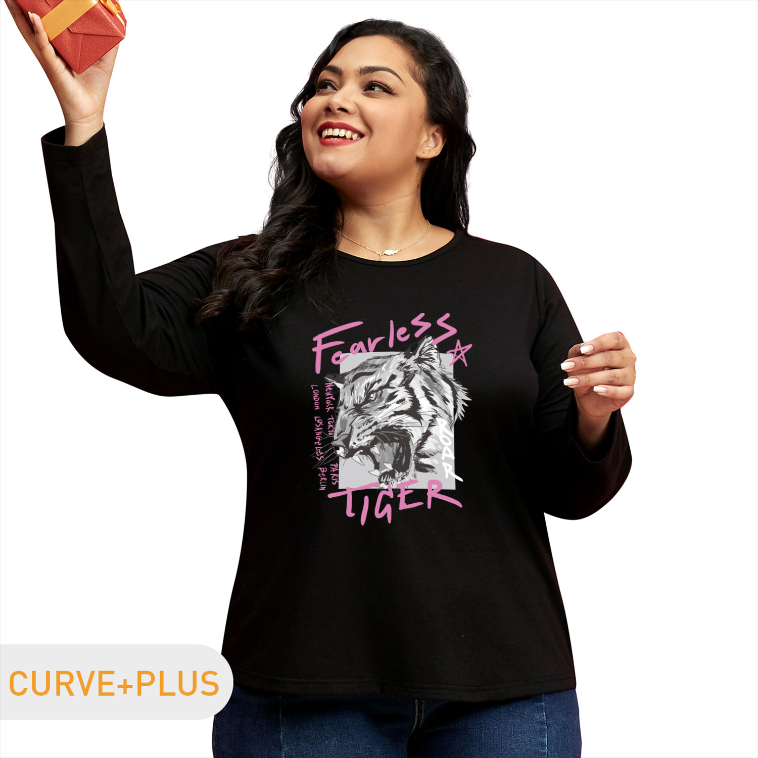 

Women Plus Size Graphic Tiger and Letter Print Round Neck Long-sleeve Tee