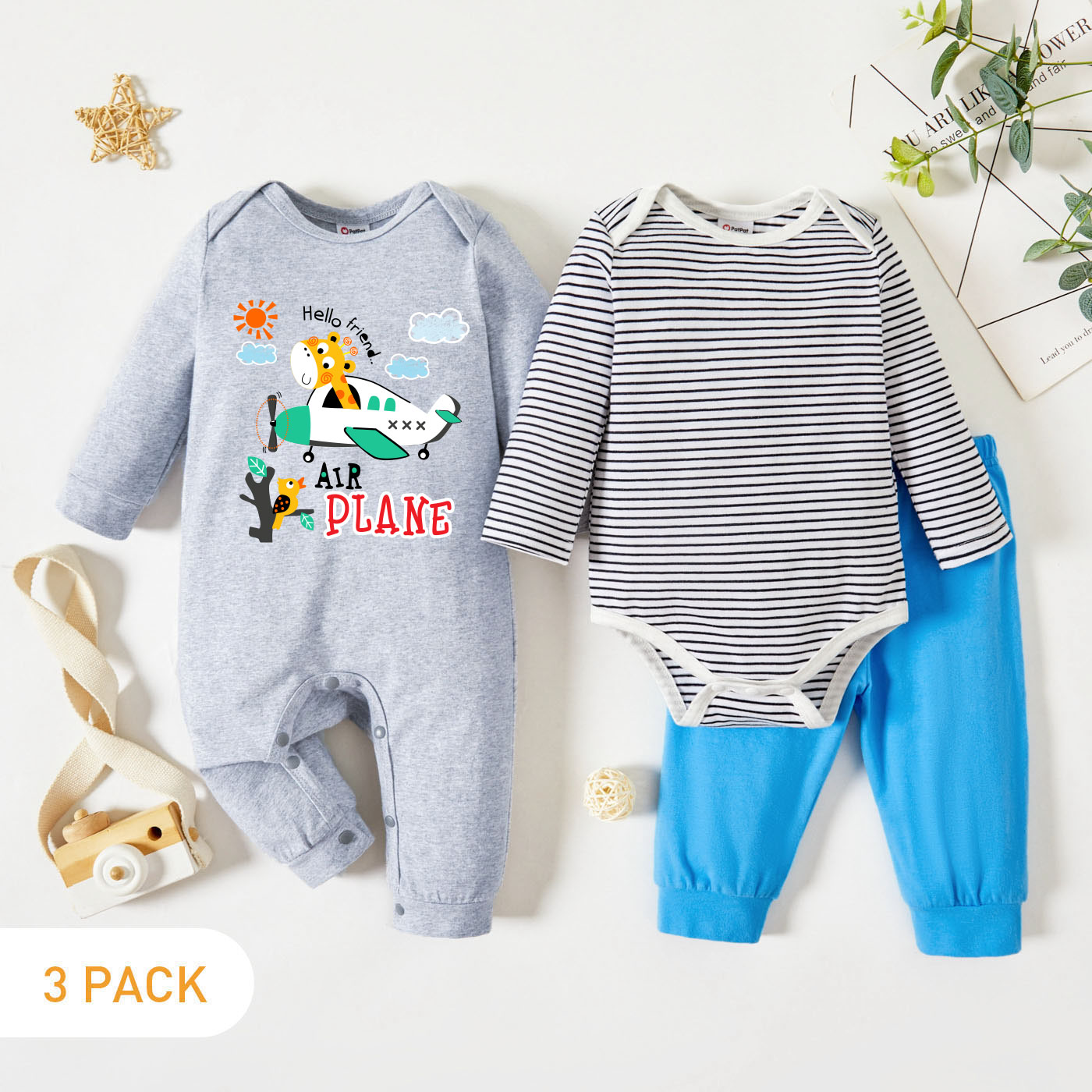 

3-Pack Baby Graphic & Striped Romper Jumpsuit Pants Set