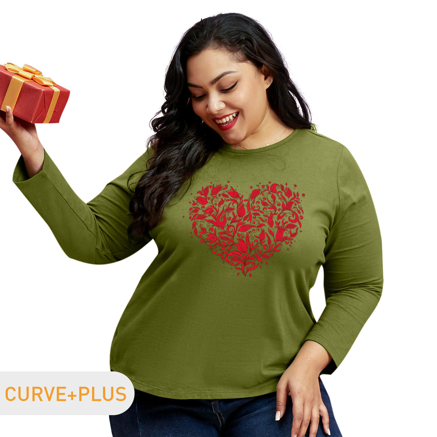 

Women Plus Size Graphic Heart-shaped Print Round-collar Long-sleeve Tee