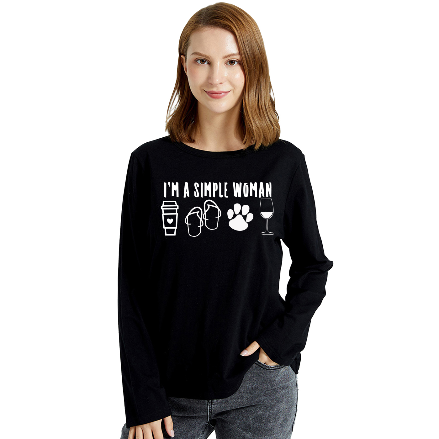 

Graphic Black Long-sleeve Round-collar Tee for Women