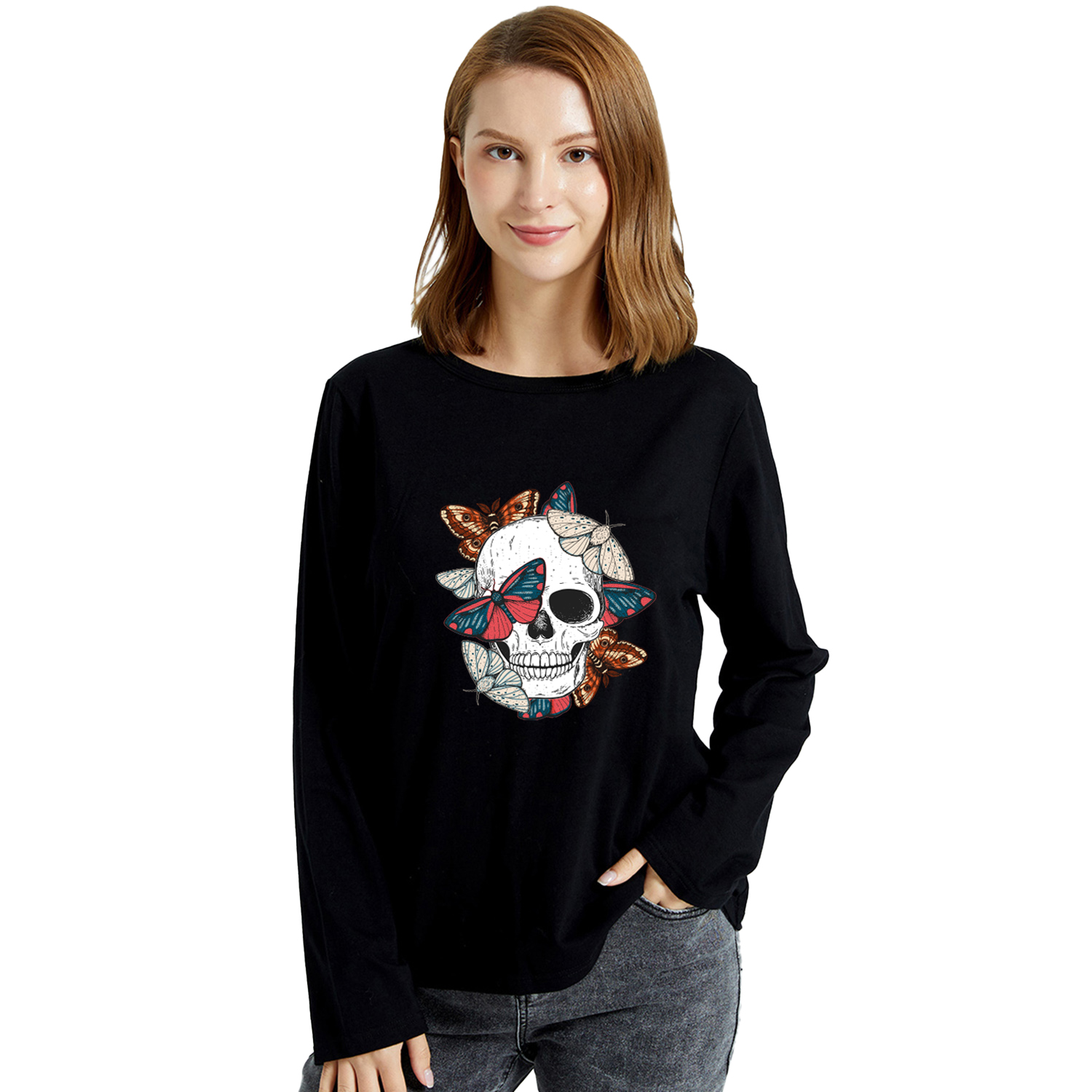 

Graphic Black Long-sleeve Round-collar Tee for Women