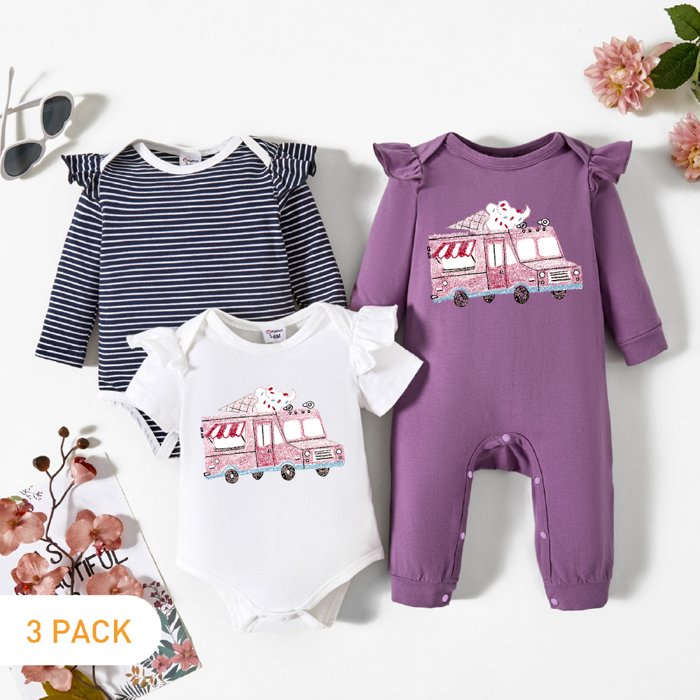 

3-Pack Baby Girl Graphics Ice Cream Truck Print and Striped Ruffle Romper Jumpsuit Set