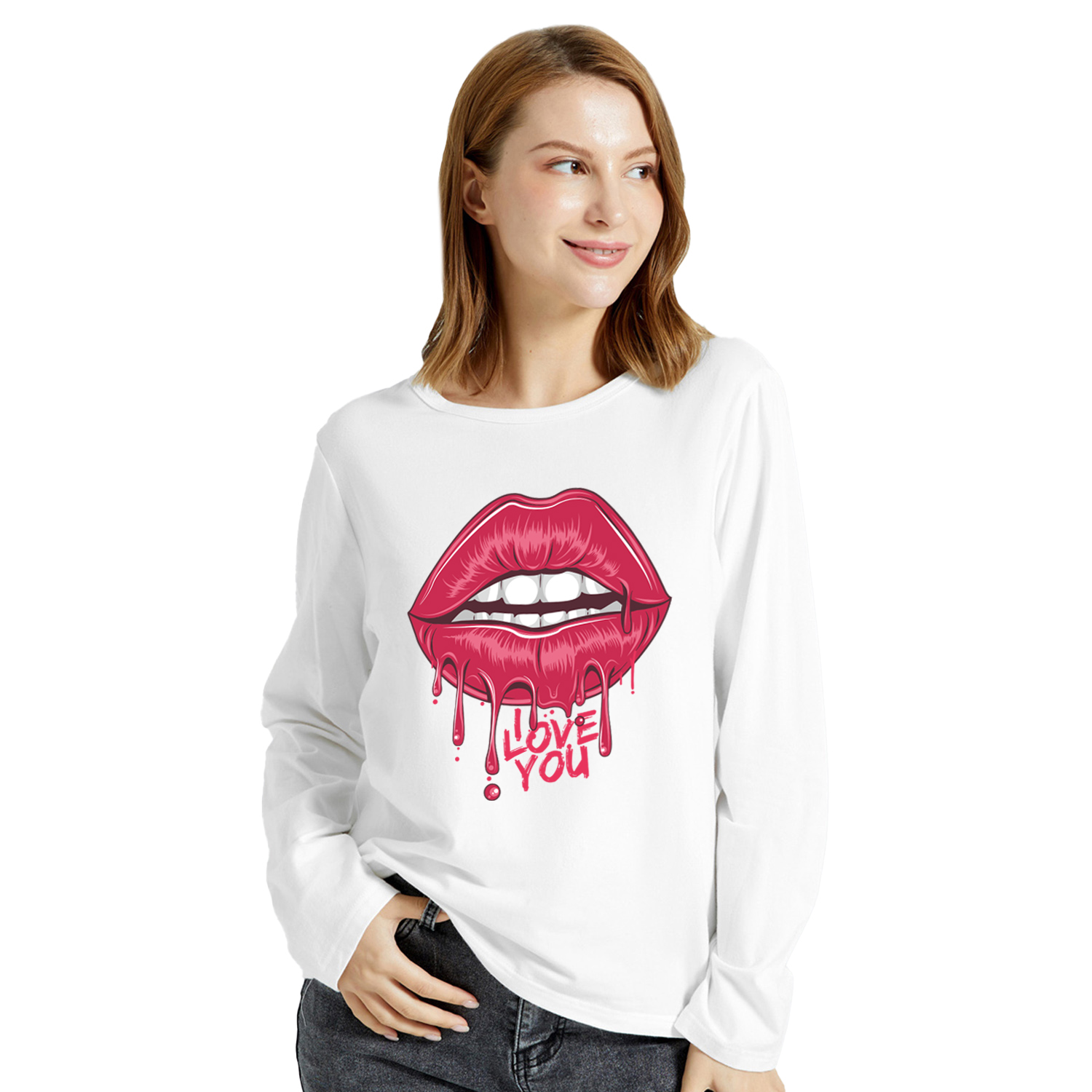 

Graphic White Long-sleeve Round-collar Tee for Women