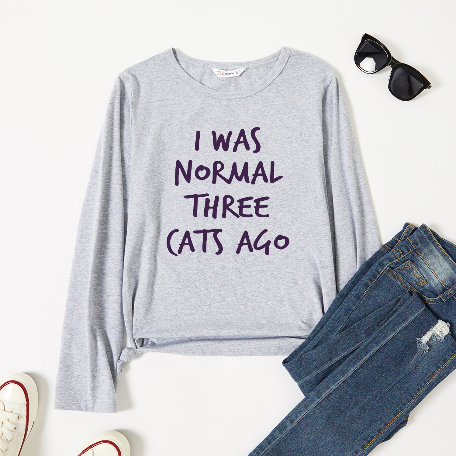 

Graphic Light gray Long-sleeve Round-collar Tee for Women