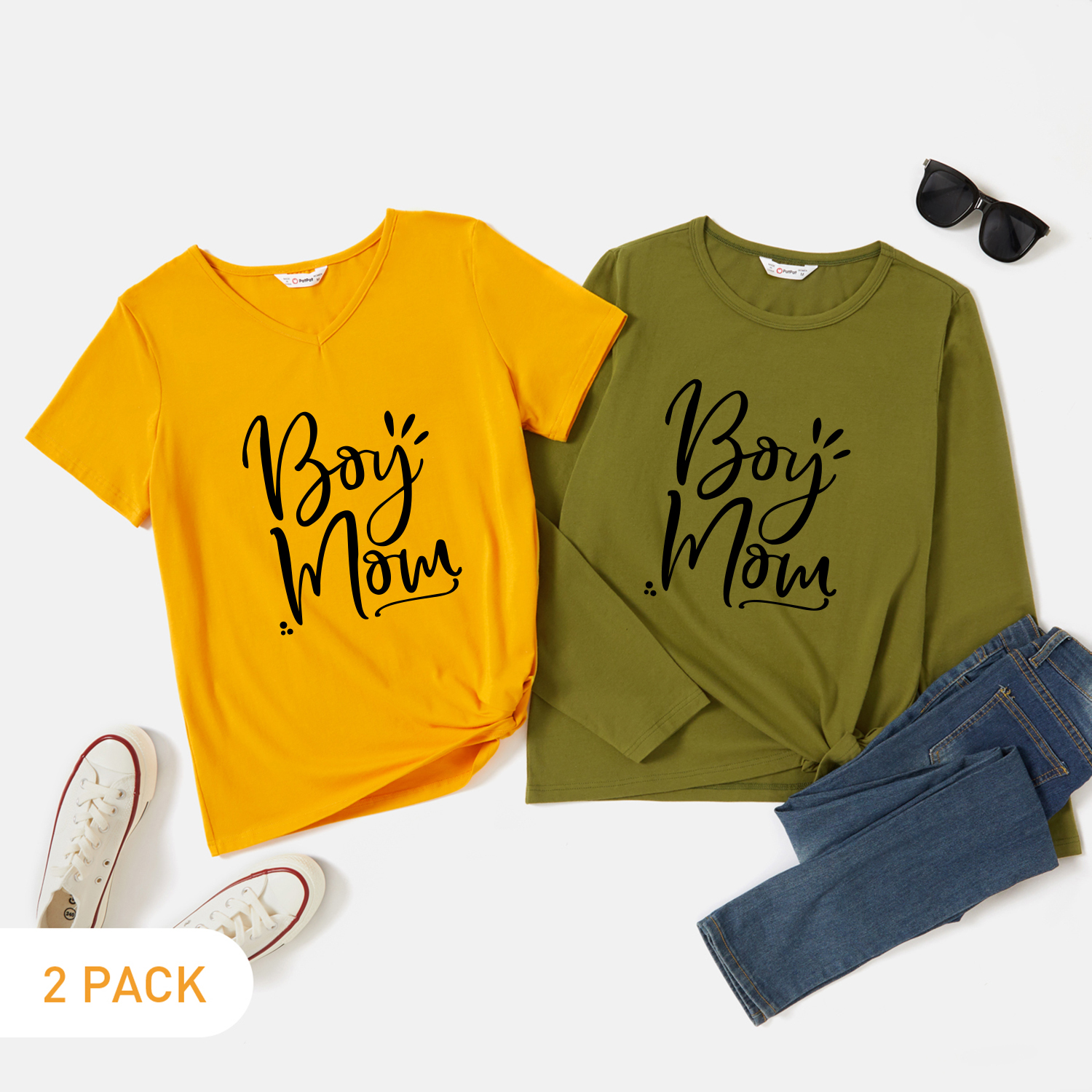 

2-Pack Women Letter Print V Neck Short-sleeve & Round Collar Long-sleeve Tee Set