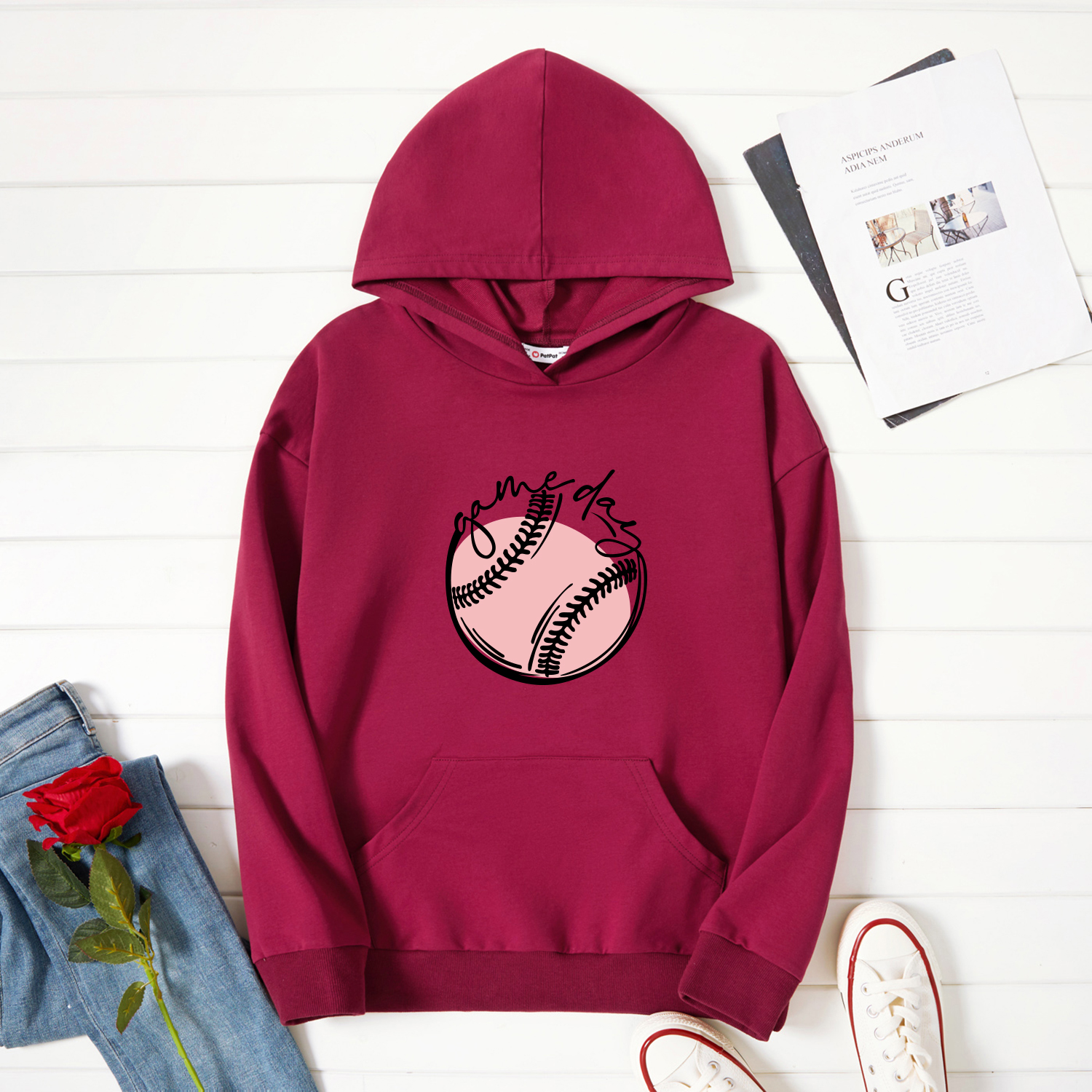 

Women Graphic Baseball Print Long-sleeve Hooded Pullover