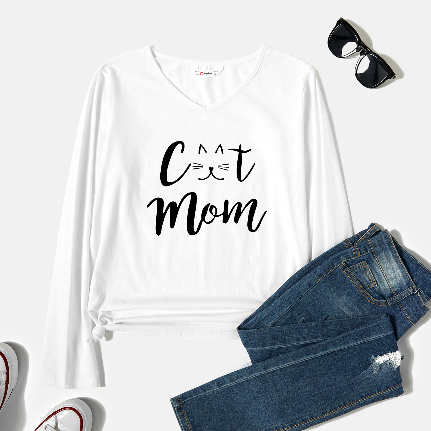 

Graphic White Long-sleeve V Neck Tee for Women