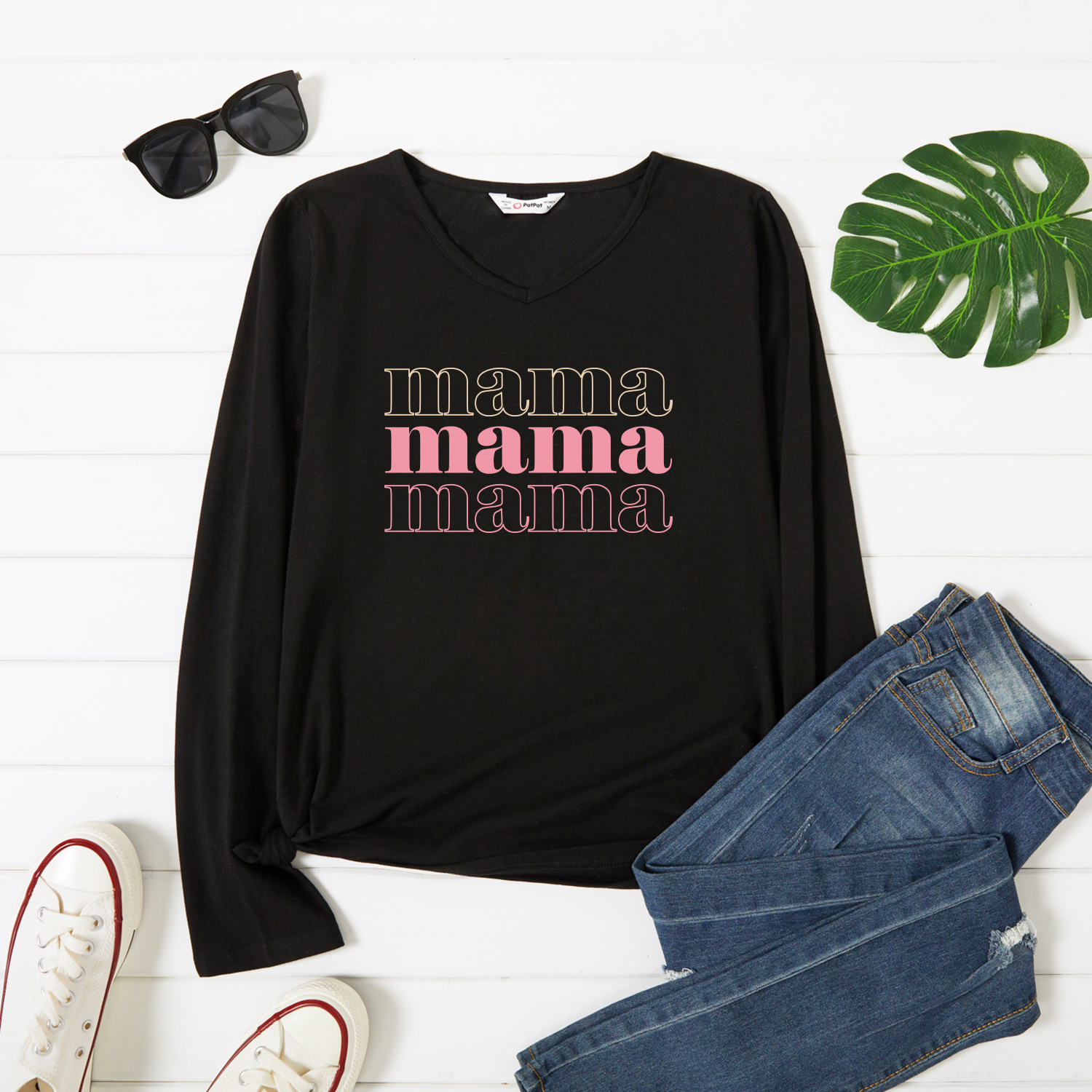 

Graphic Black Long-sleeve V Neck Tee for Women