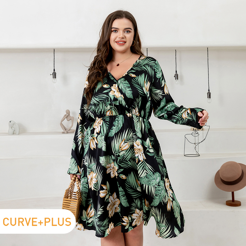 

Women Plus Size Vacation Floral Print V Neck Long-sleeve Dress