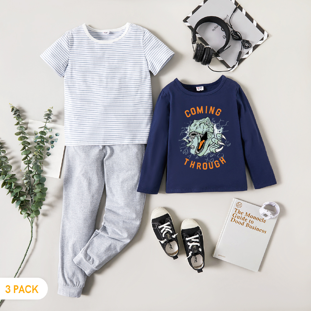 

3-Pack Kid Boy Graphic Dinosaur and Letter Print Long-sleeve Tee & Striped Short-sleeve Tee & Pants Set