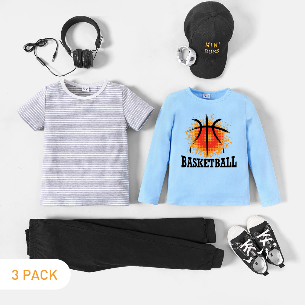 

3-Pack Kid Boy Graphic Basketball and Letter Print Long-sleeve Tee & Striped Short-sleeve Tee & Pants Set