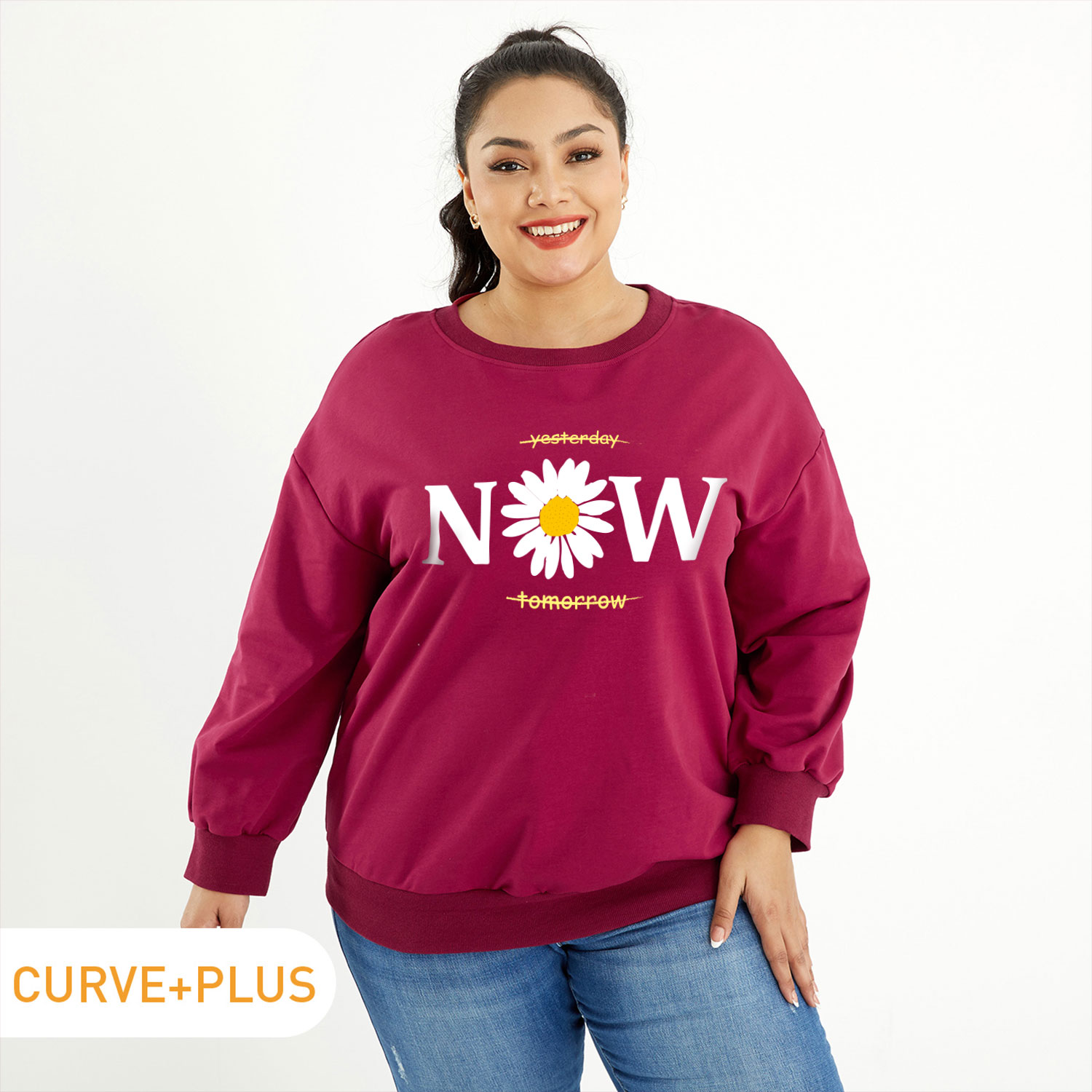 

Women Plus Size Graphic Daisy and Letter Print Round Neck Long-sleeve Pullover