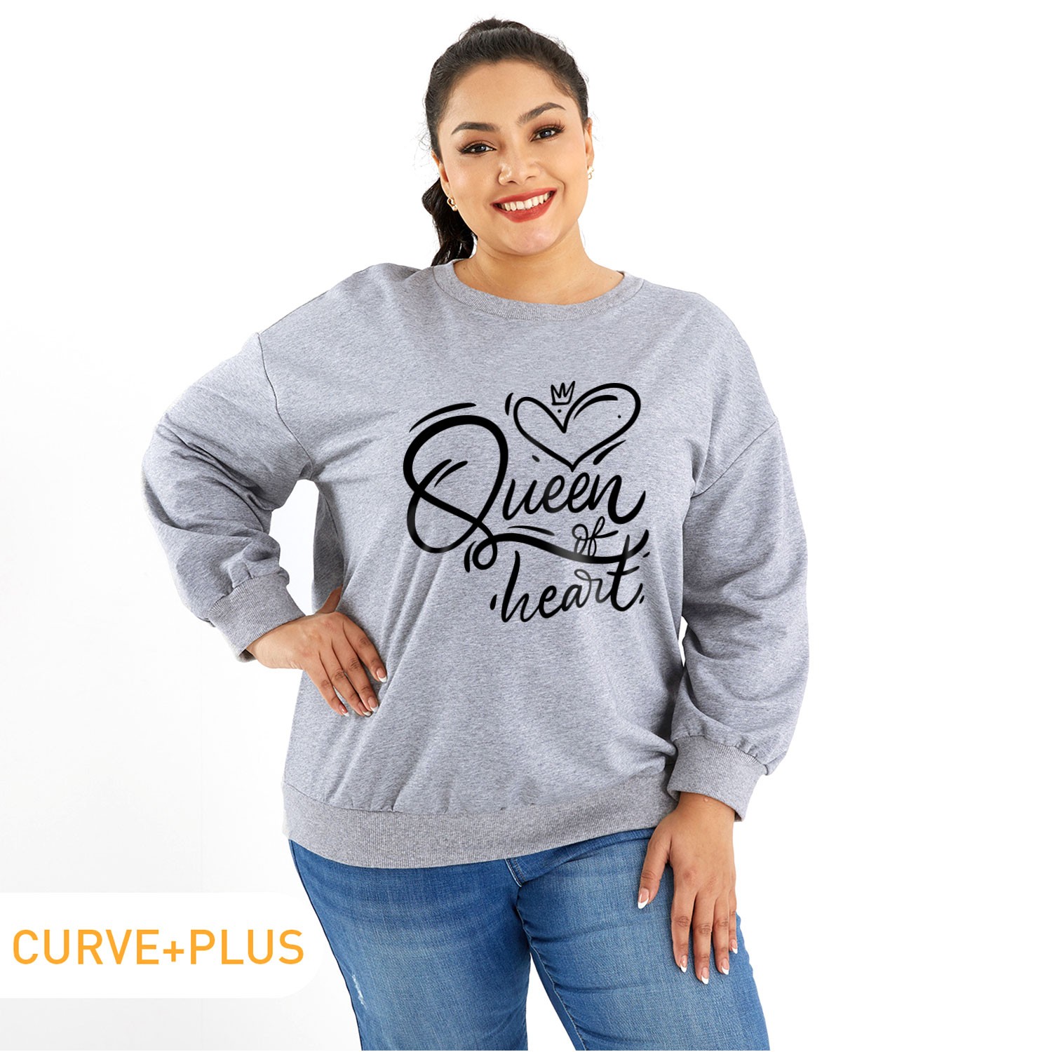 

Women Plus Size Graphic Letter and Heart-shaped Print Round-collar Long-sleeve Pullover