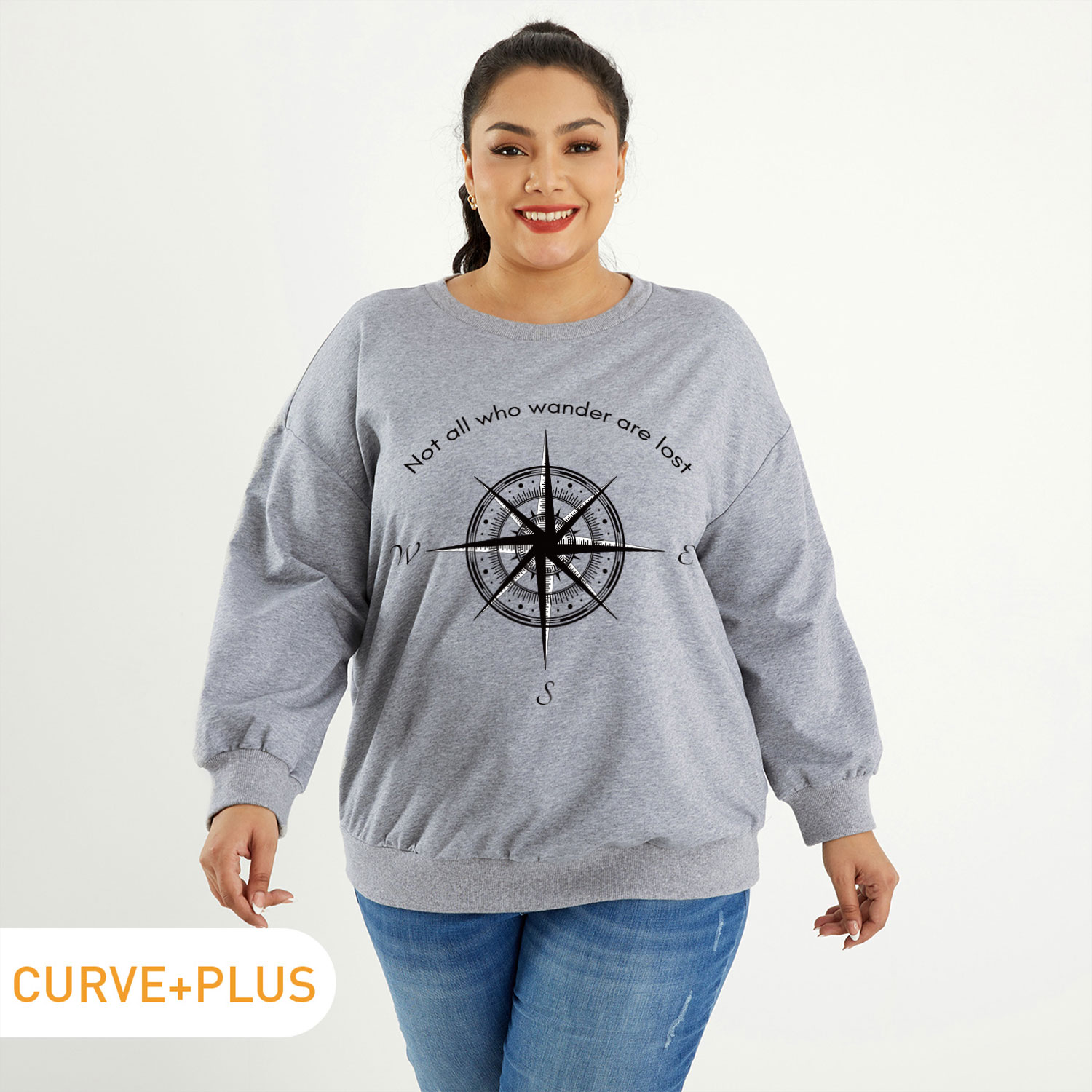 

Women Plus Size Graphic Letter Print Round Neck Long-sleeve Pullover