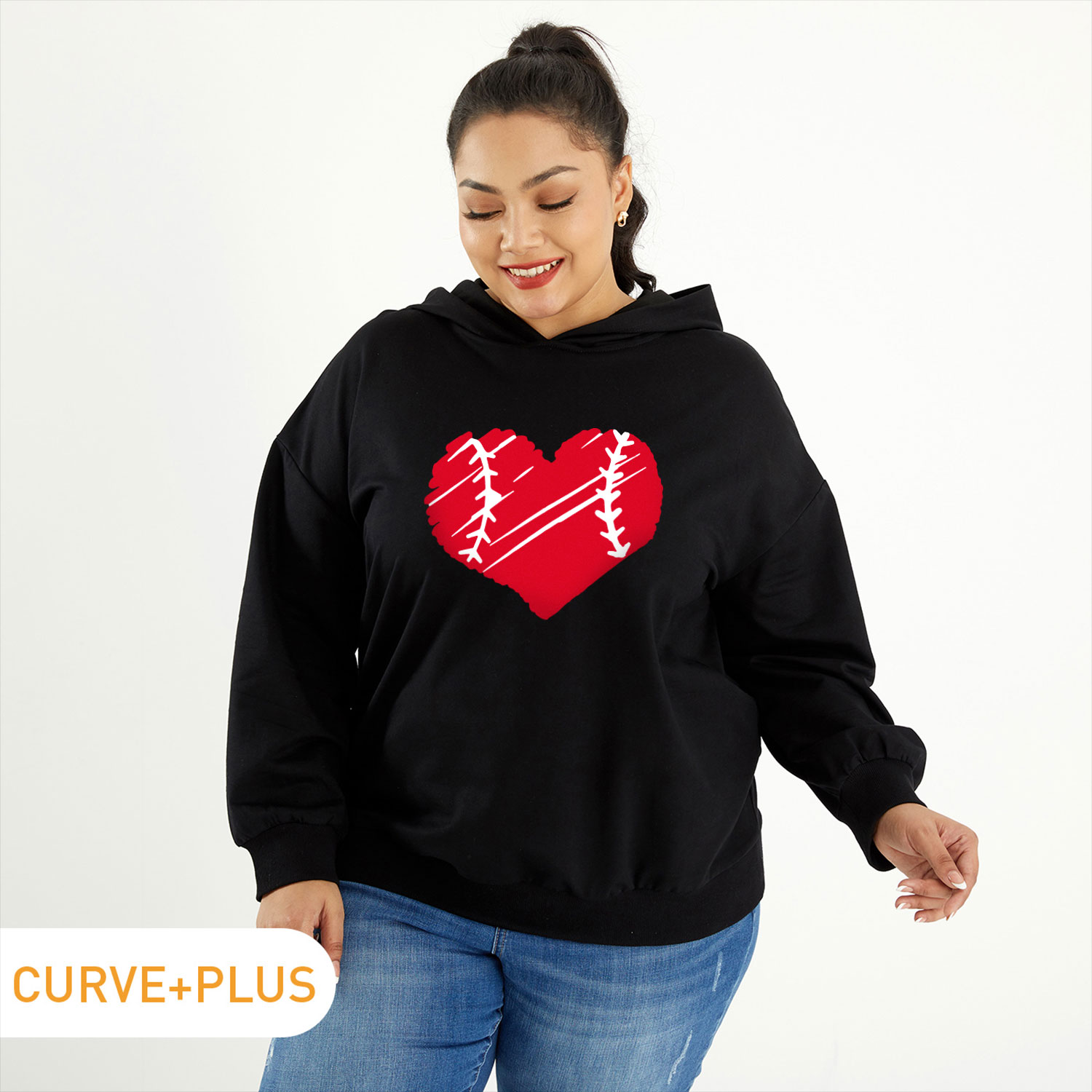 

Women Plus Size Graphic Heart Print Long-sleeve Hooded Pullover