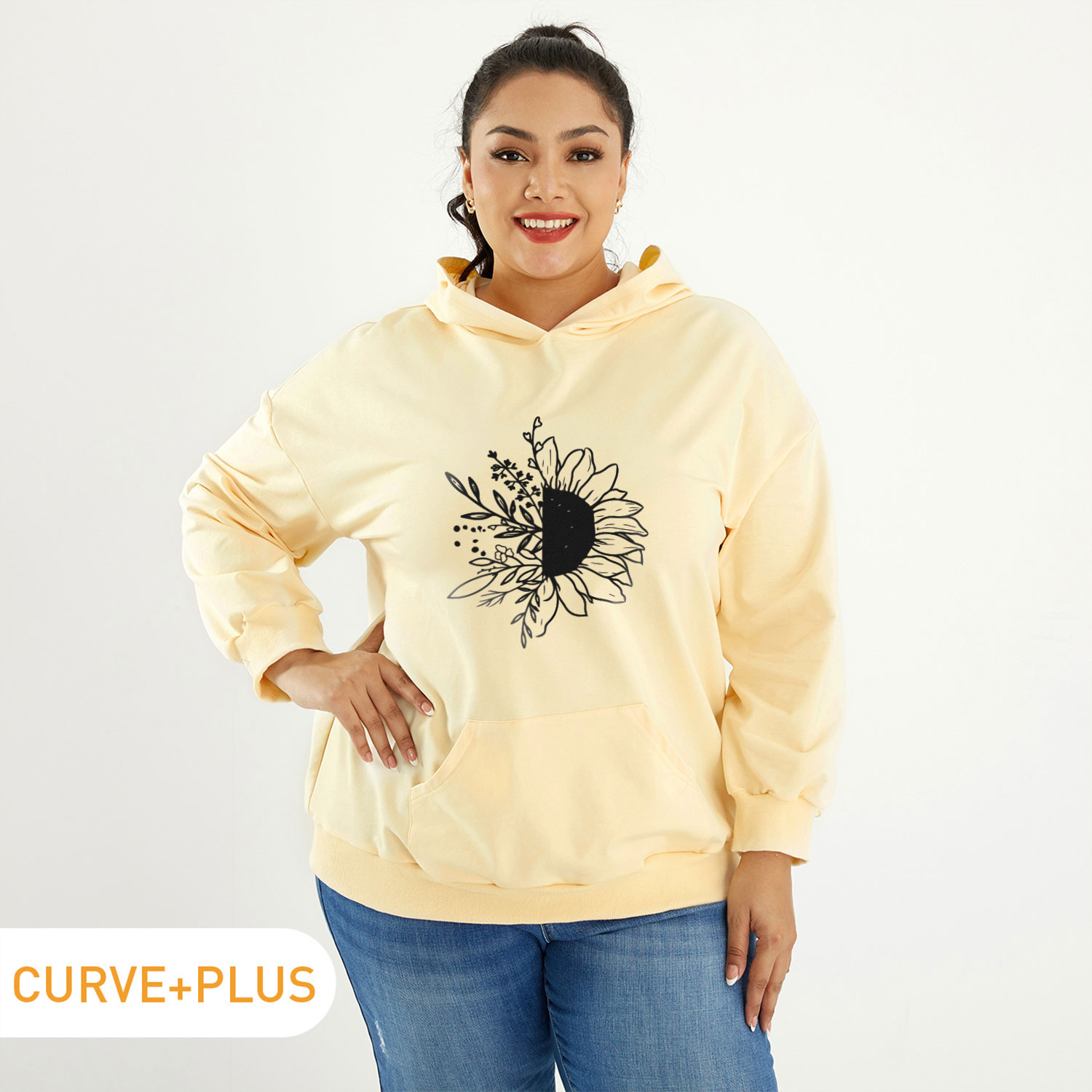 

Women Plus Size Graphic Floral Print Round Neck Long-sleeve Hooded Pullover