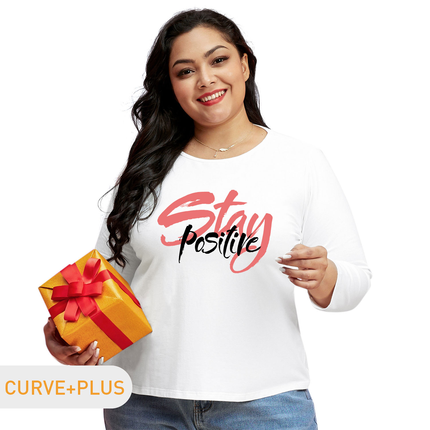 

Women Plus Size Graphic Letter Print Round Neck Long-sleeve Tee