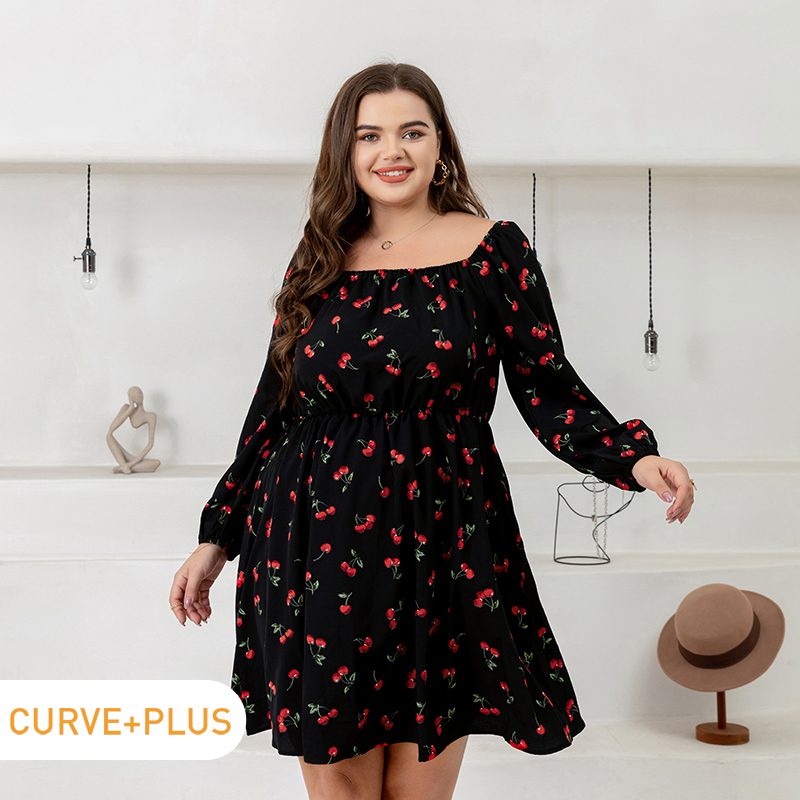 

Women Plus Size Elegant Fruit Cherry Print Square Neck Long-sleeve Dress