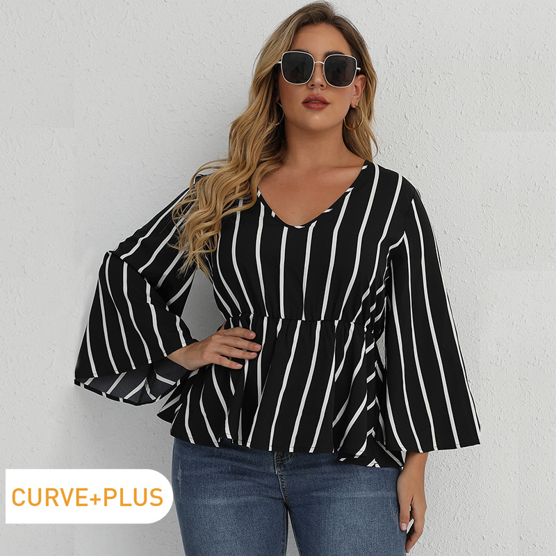 

Women Plus Size Elegant V Neck Stripe Long-sleeve Blouse
