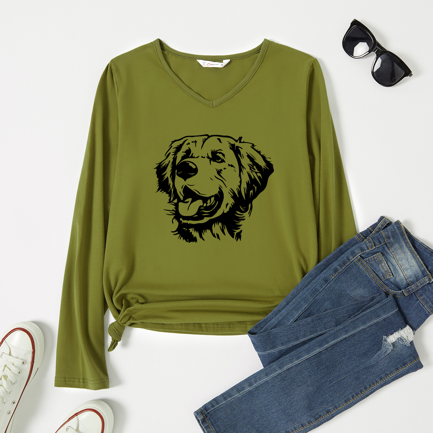 

Graphic Army green Long-sleeve V Neck Tee for Women