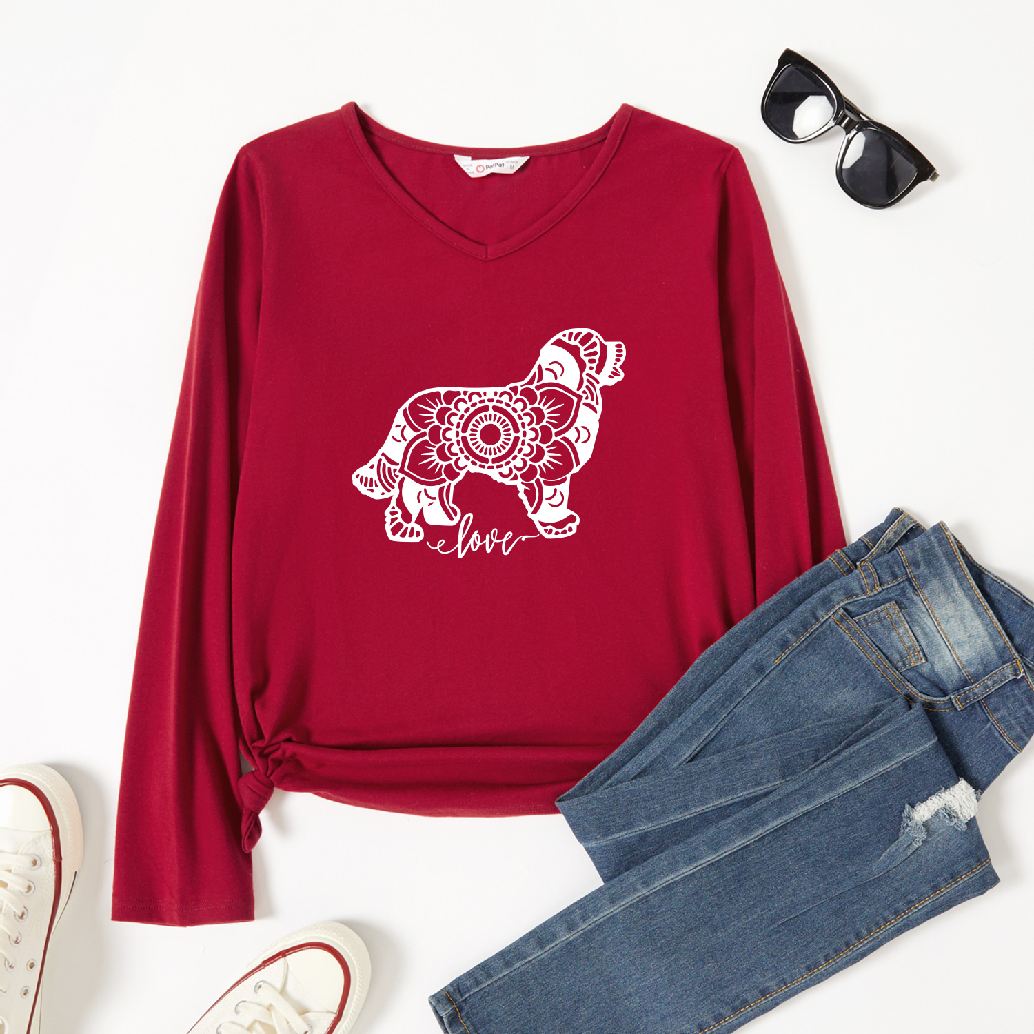 

Graphic Burgundy Long-sleeve V Neck Tee for Women
