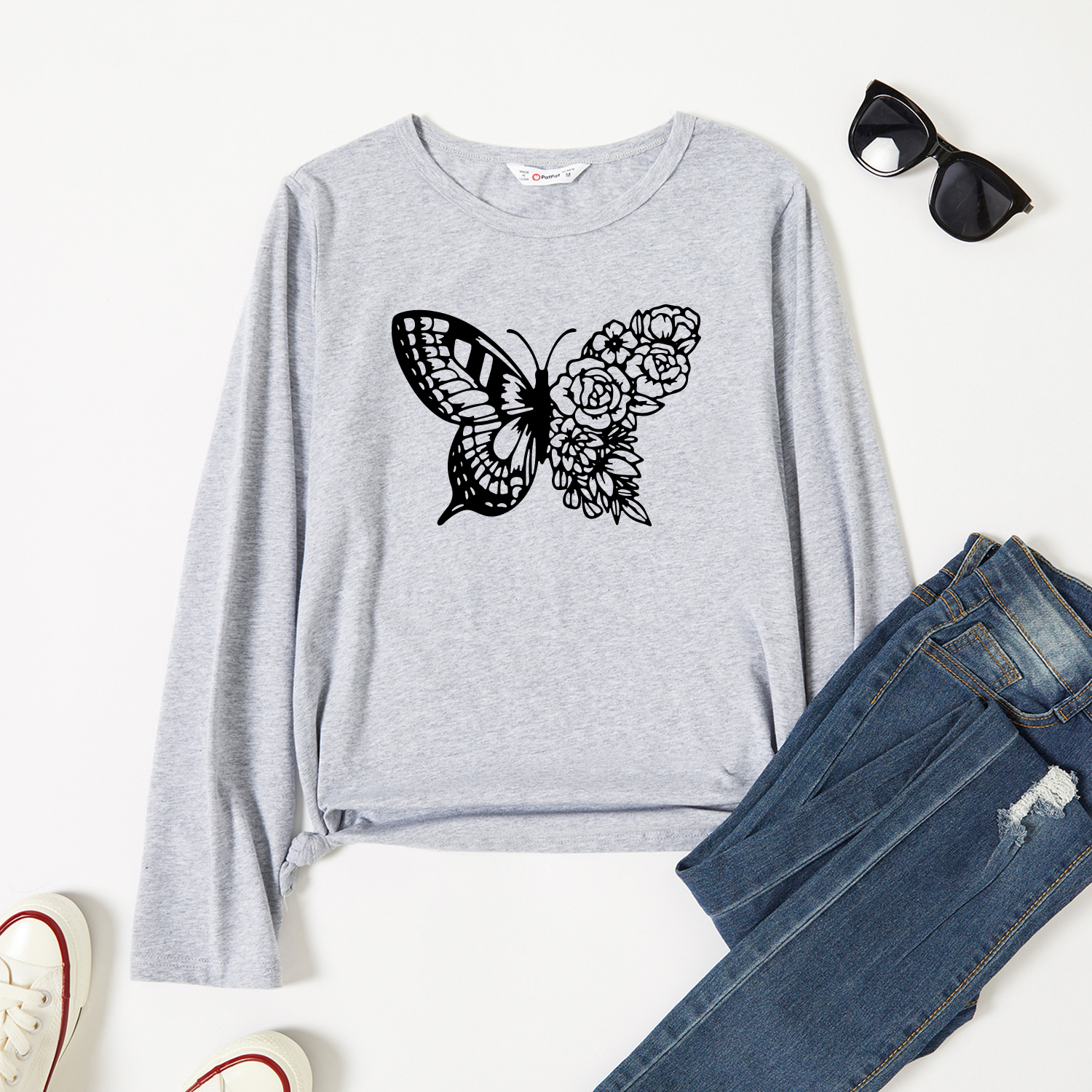 

Graphic Light gray Long-sleeve Round-collar Tee for Women
