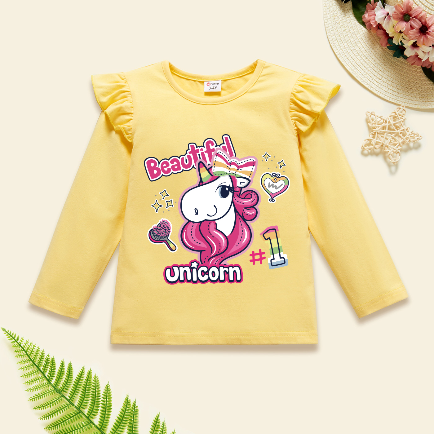 

Toddler Graphic Flutter-sleeve Beige Long-sleeve Tee