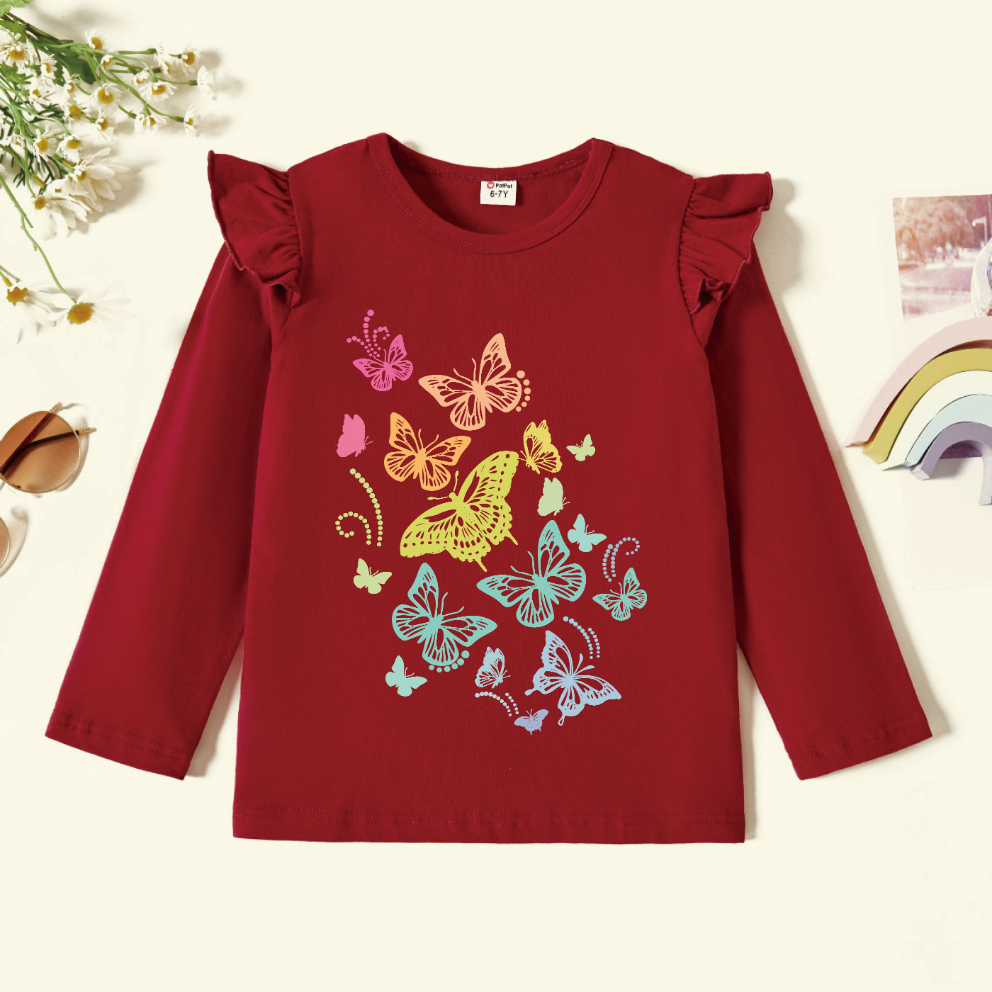 

Kid Girl Graphic Butterfly Print Ruffled Long-sleeve Tee
