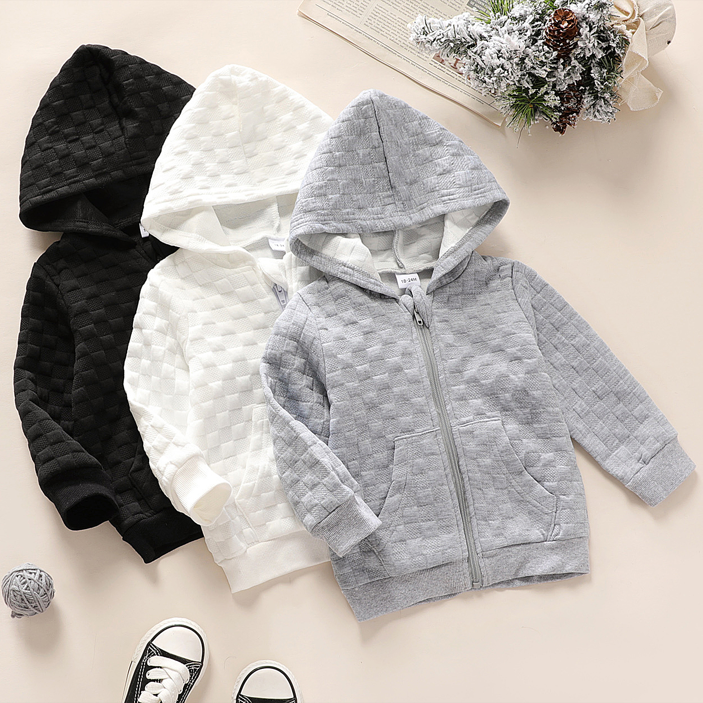 

Toddler Girl/Boy Textured Zipper Solid Hooded Jacket