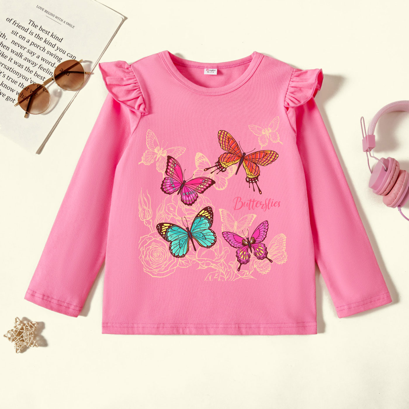 

Kids Graphic Flutter-sleeve Deep Pink Long-sleeve Tee