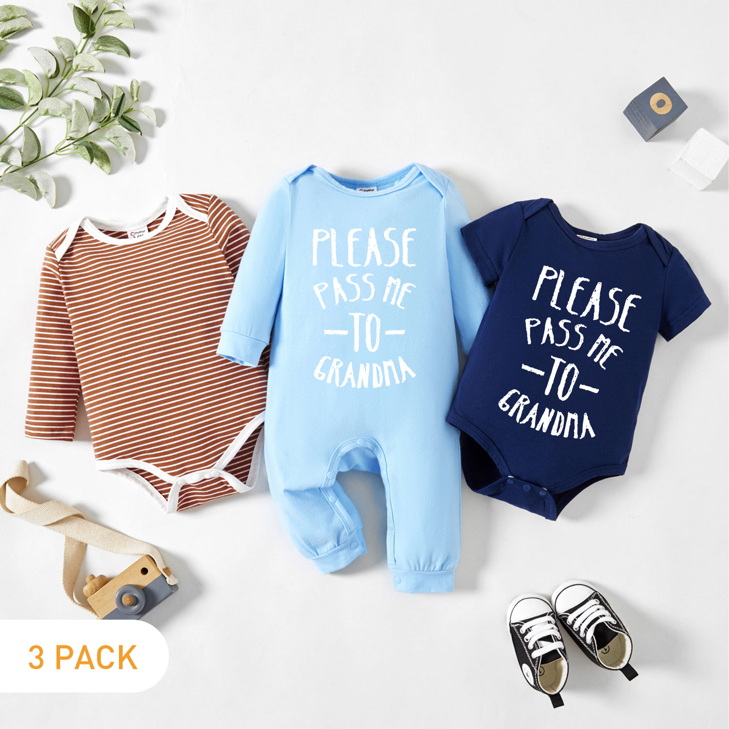 

3-Pack Baby Graphic Letter Print Striped Romper Jumpsuit Set